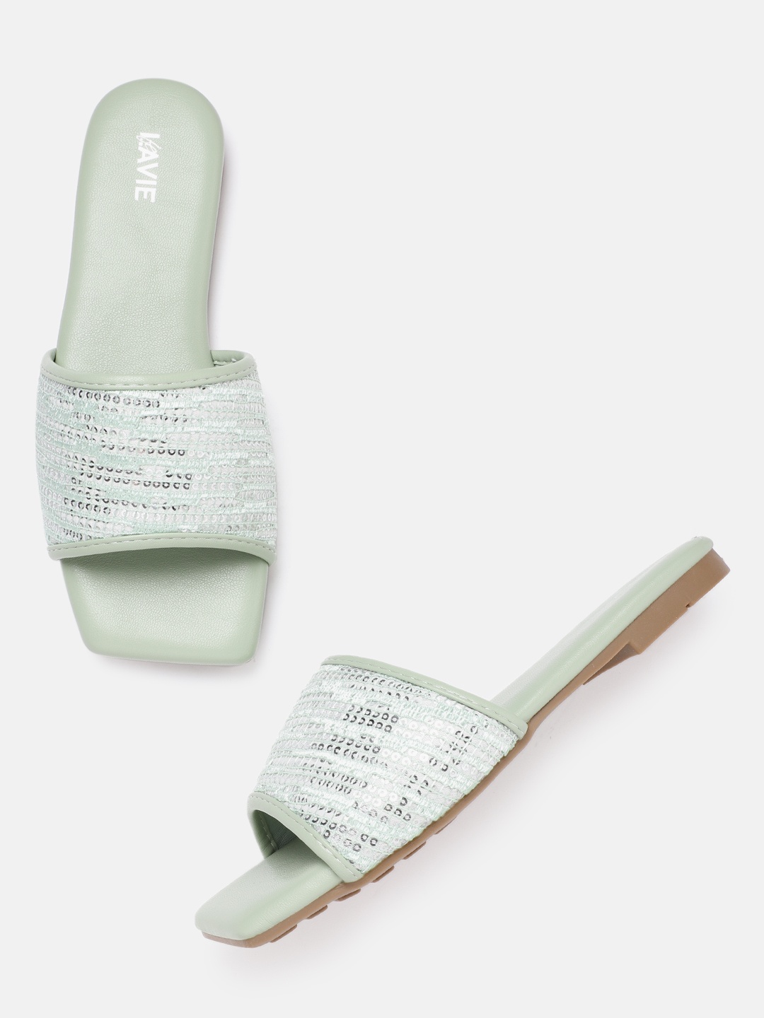 

Lavie Women Green & Silver-Toned Sequinned Open Toe Flats