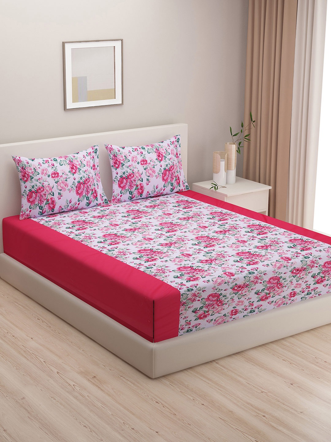 

SWAYAM Pink & White 120 TC Fine Cotton Double Bedsheet with 2 Pillow Covers