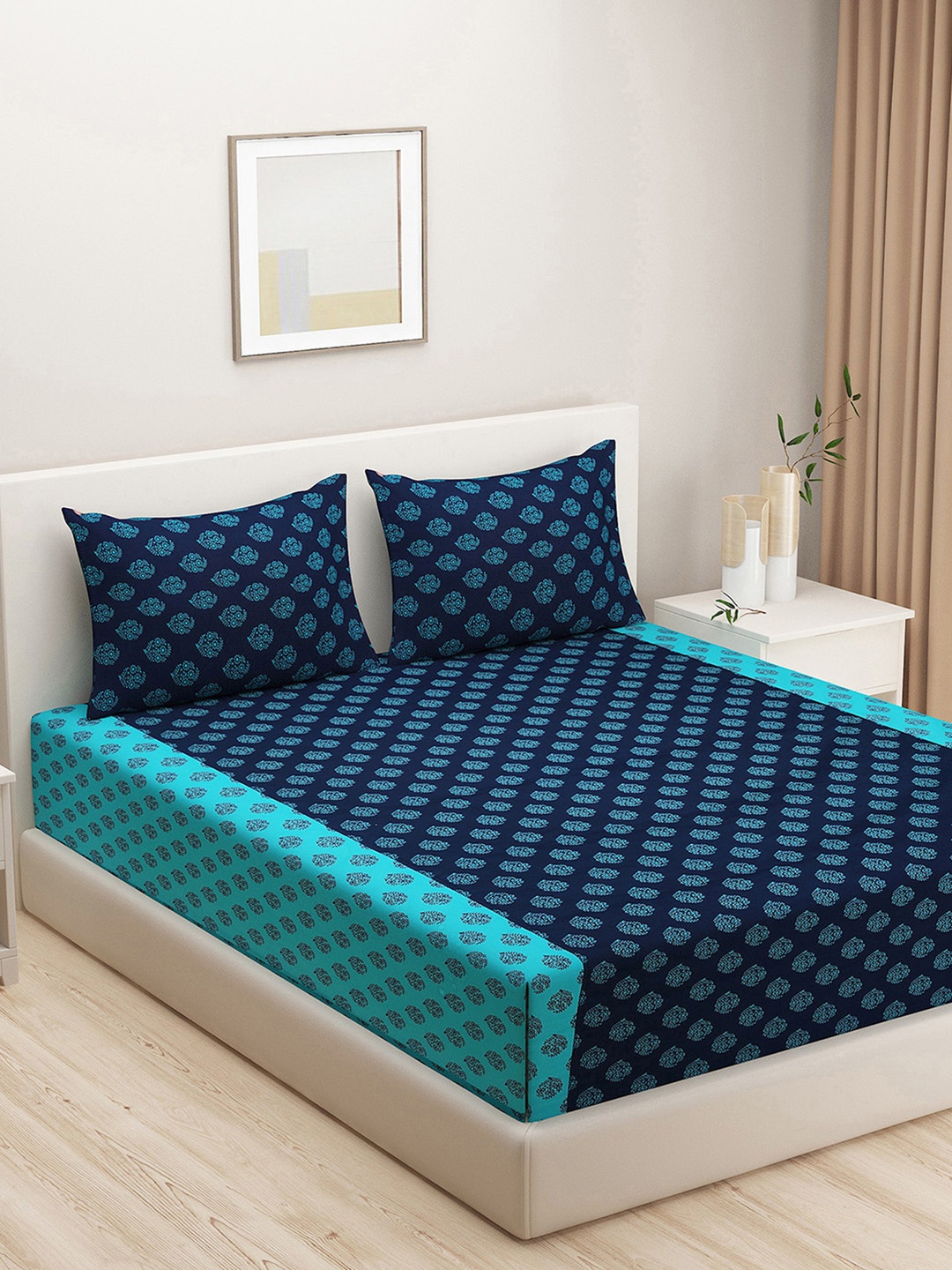 

Swayam Blue Indigo Oasis Traditional Buti Cotton King Fitted Bedsheet Set - 200TC