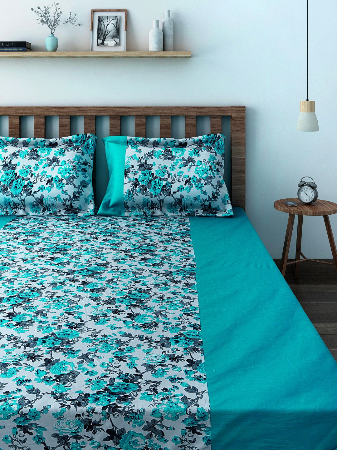 

Swayam SOP Floral 200TC Cotton King Fitted Bedsheet Set with 2 Pillow Covers, Blue