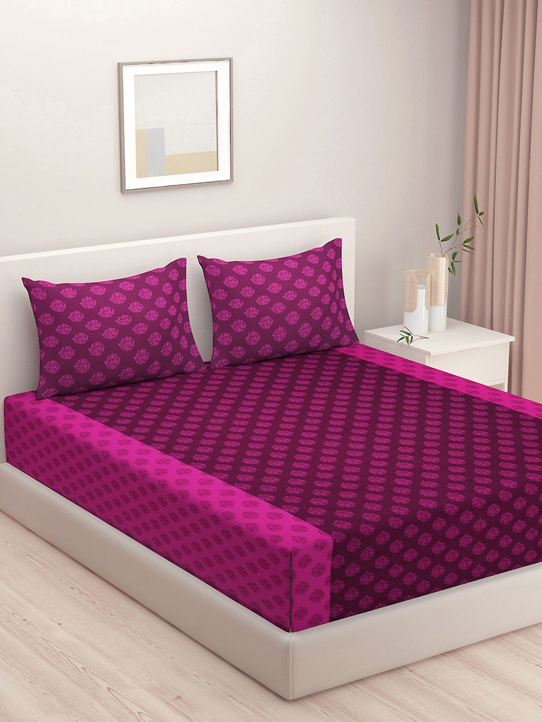 

SWAYAM Pink Ethnic Motif Shades Of Paradise 200 TC Cotton King Fitted Bedsheet Set