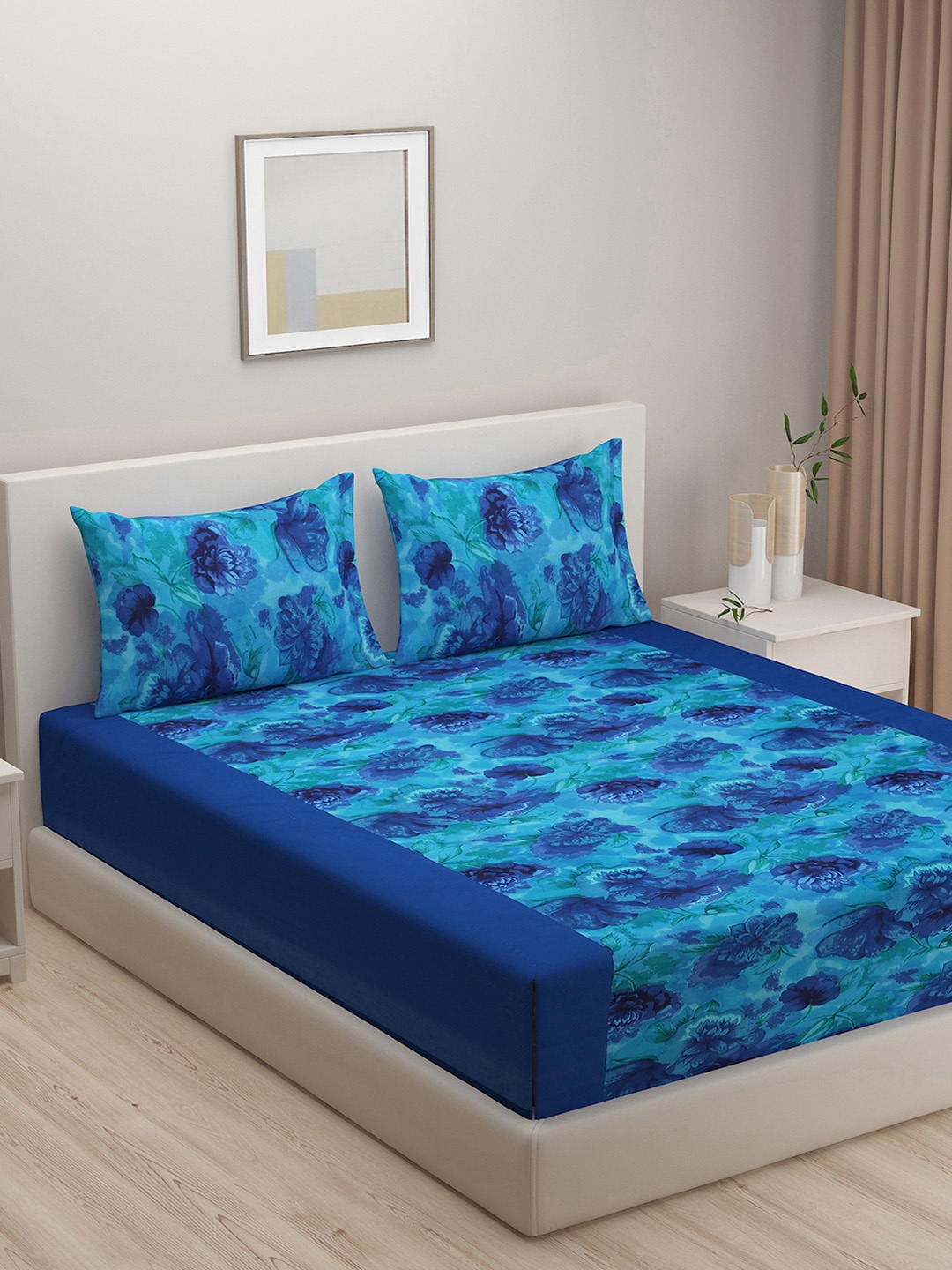 

SWAYAM Blue Floral Print Shades Of Paradise 200 TC Cotton King Fitted Bedsheet Set