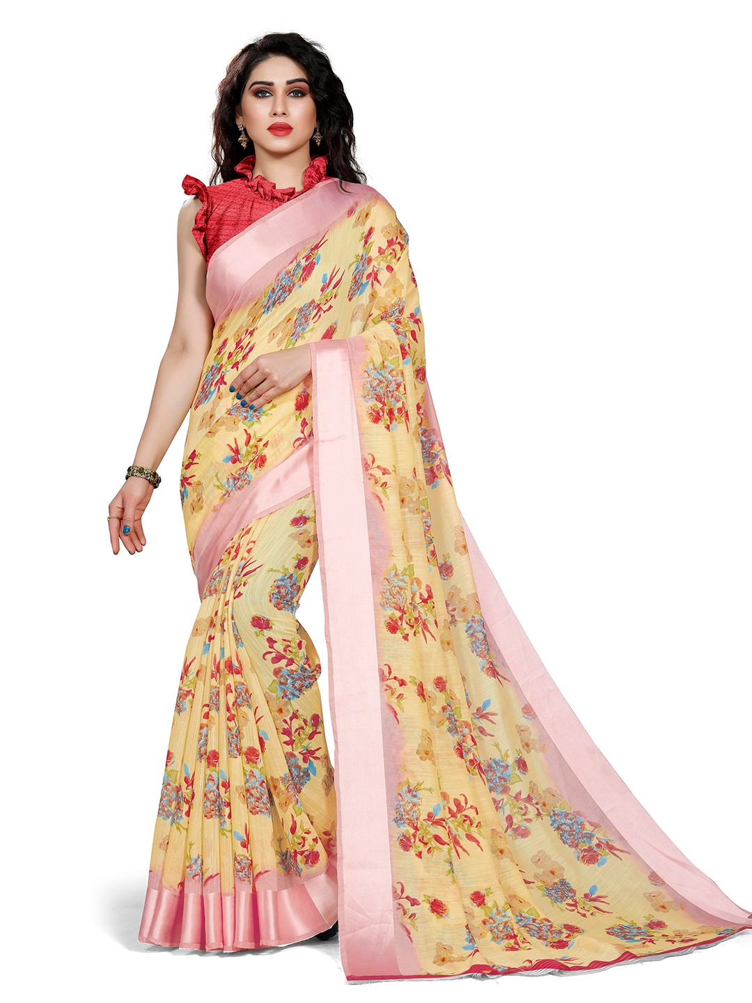 

KALINI Yellow & Pink Floral Bagh Saree