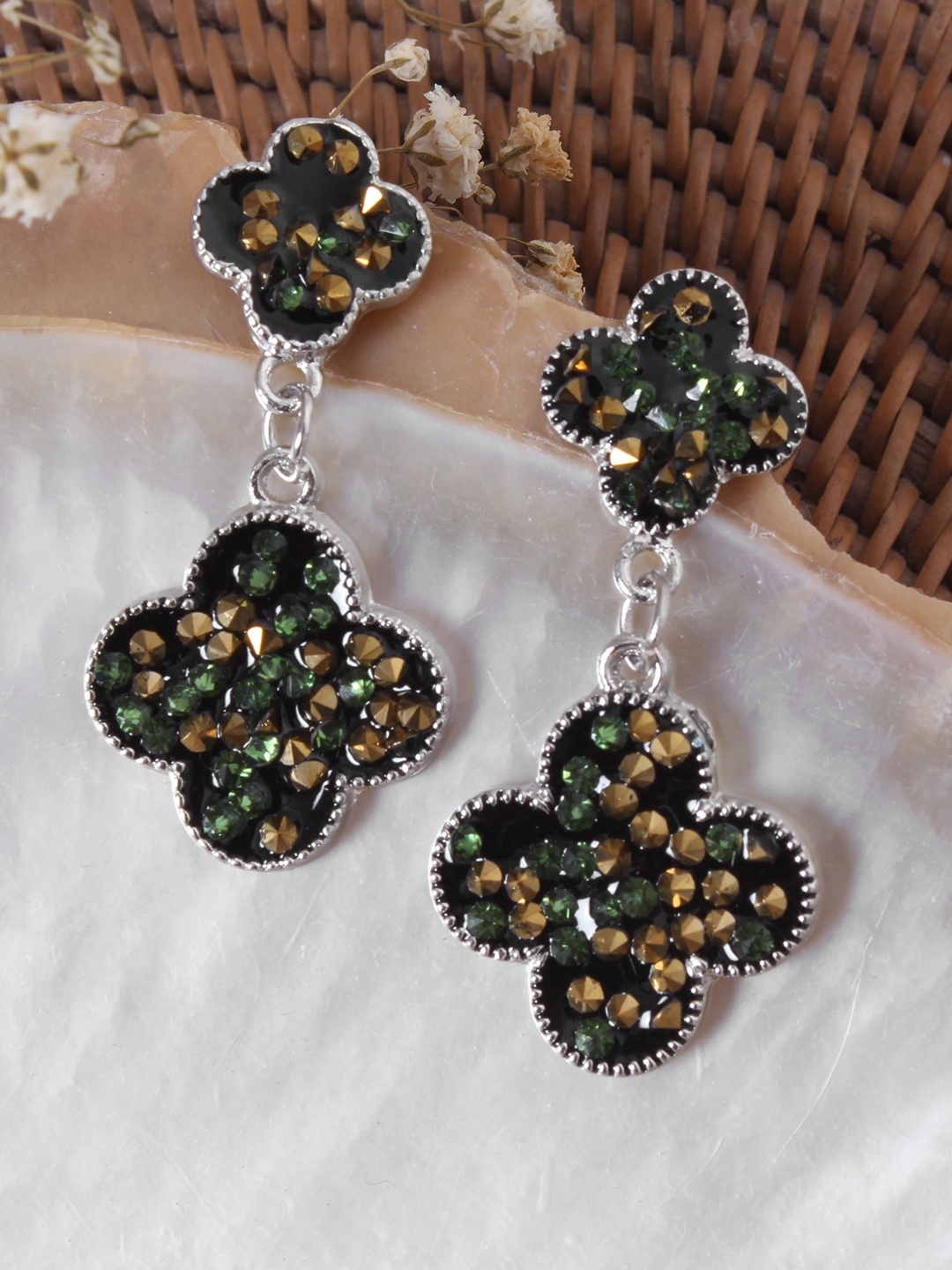 

Ayesha Silver-Plated & Black Enamelled Studded Floral Drop Earrings