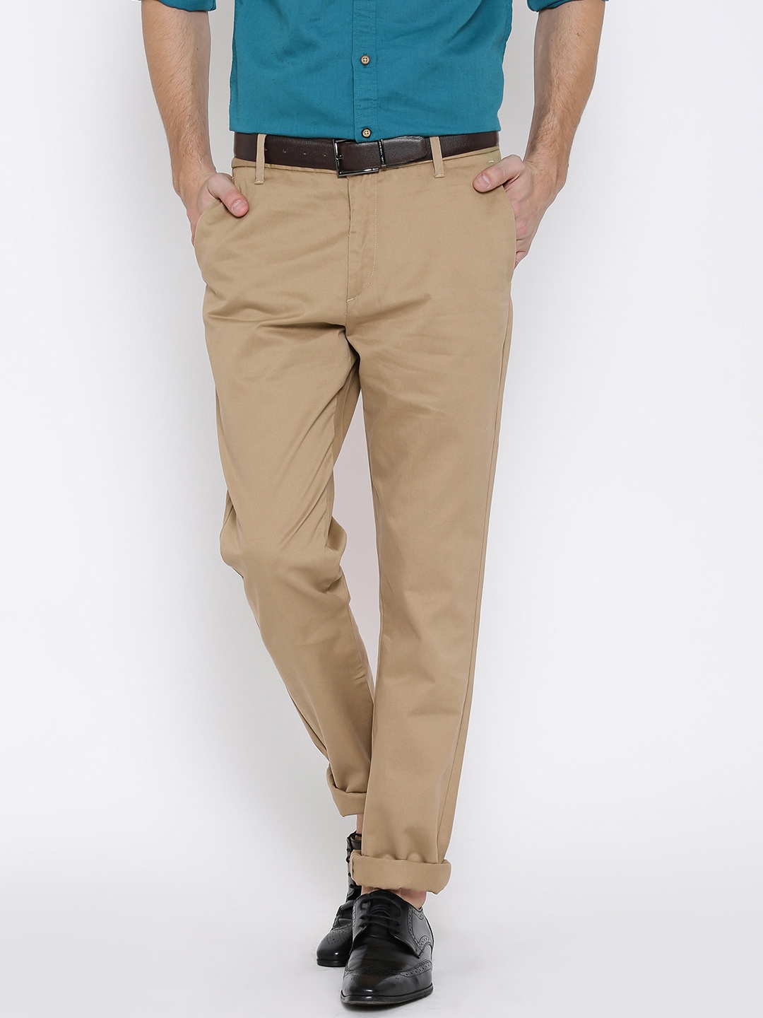 

U.S. Polo Assn. Men Beige Solid Flat Front Casual Trousers