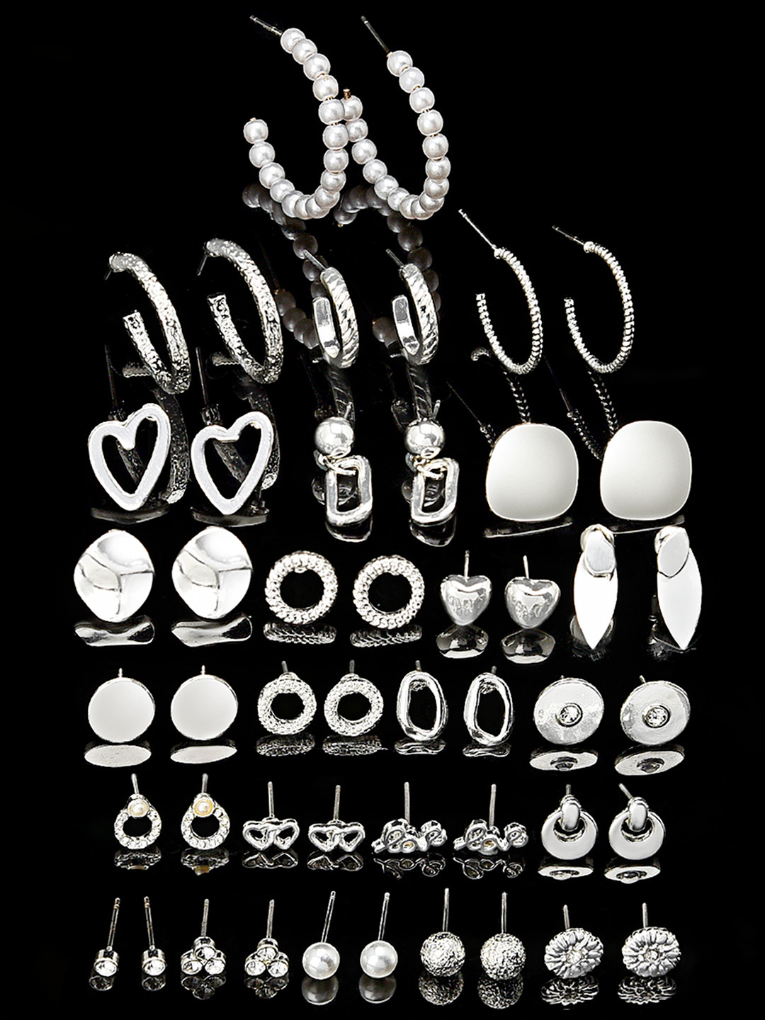 

AMI Women Set of 25 Silver-Toned Classic Studs Drop & Semi-Hoops Earrings
