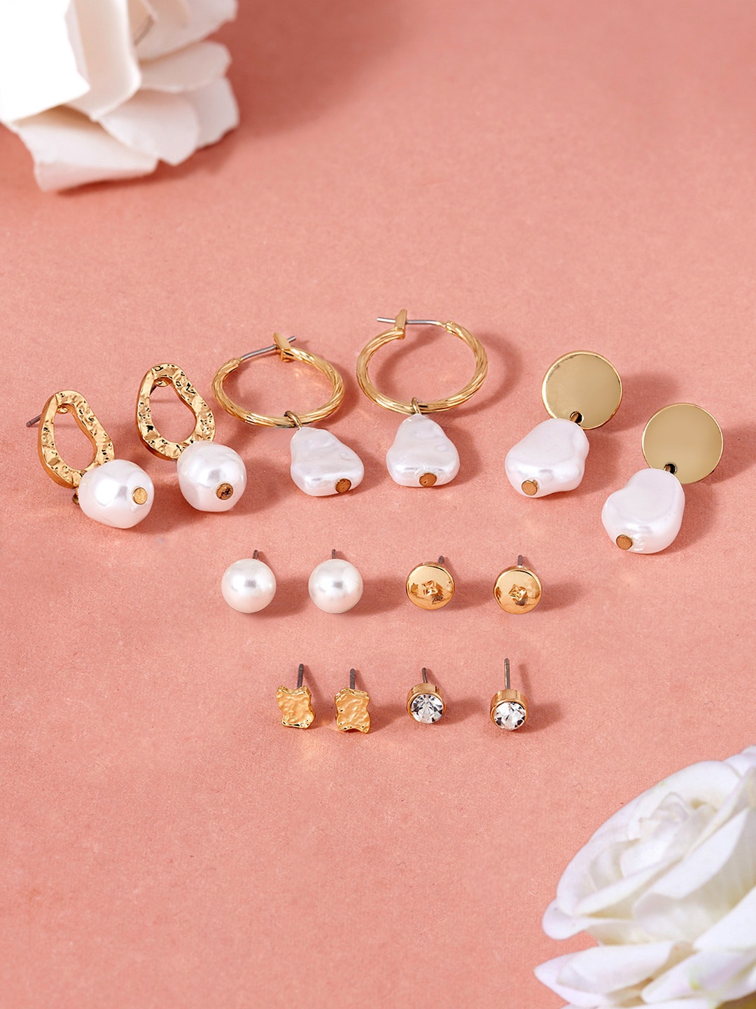 

AMI Set of 7 Gold-Toned Contemporary Gold-Plated Studs & Drop Earrings