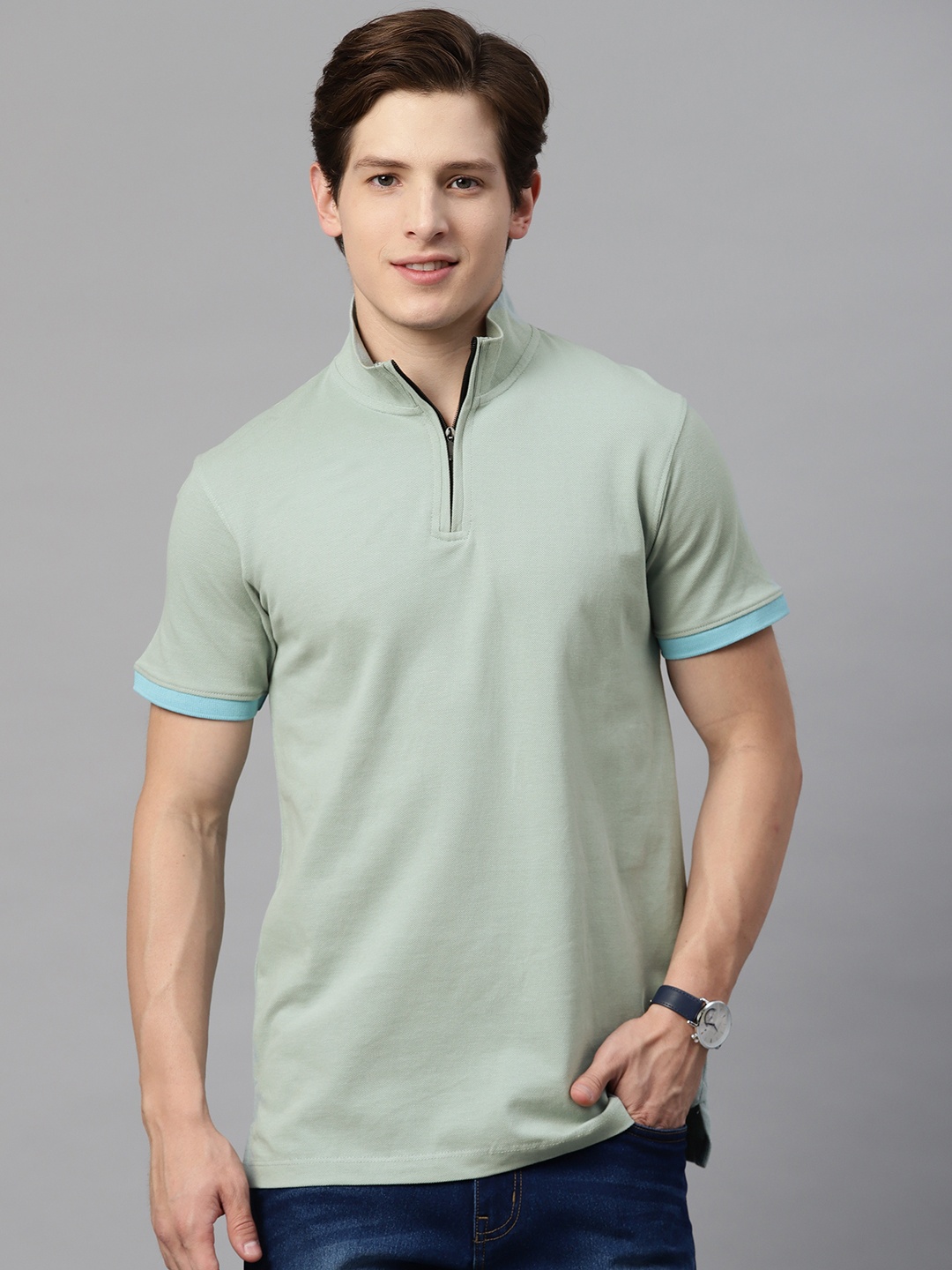 

ManQ CASUAL Men Sage Green Solid High Neck Slim Fit Cotton T-shirt