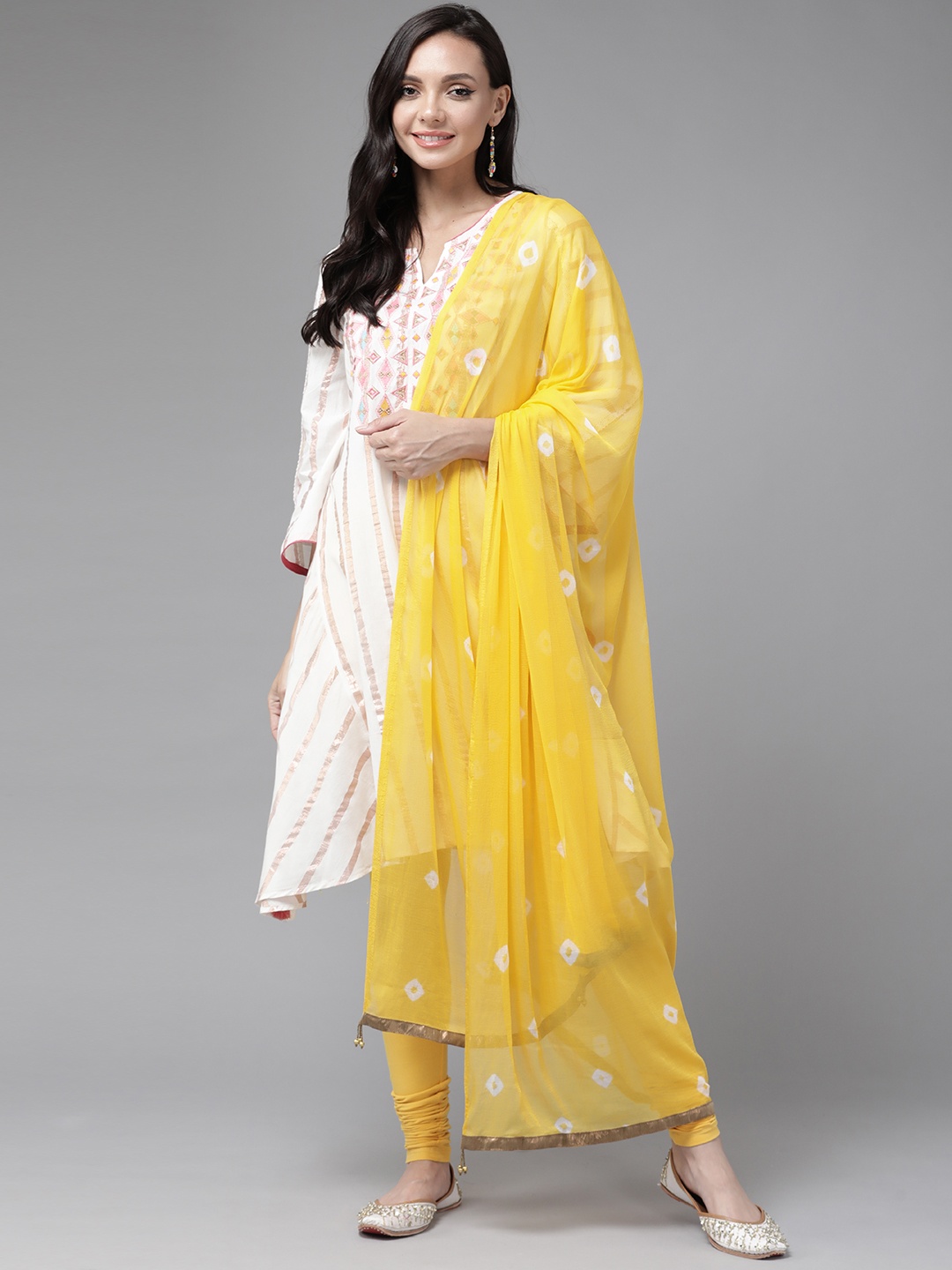 

Rain & Rainbow Women White & Pink Striped Thread Work Cotton Kurta with Churidar & Dupatta