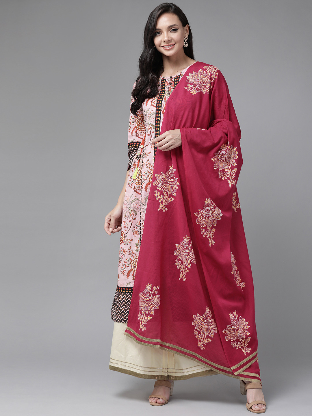 

Rain & Rainbow Women Pink & Orange Ethnic Motifs Pure Cotton Kurta with Palazzos & Dupatta