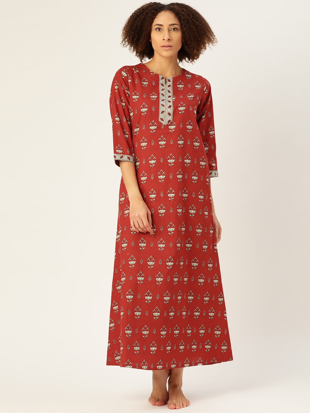 

MBeautiful Rust Red & Grey Pure Cotton Ethnic Print Maxi Nightdress