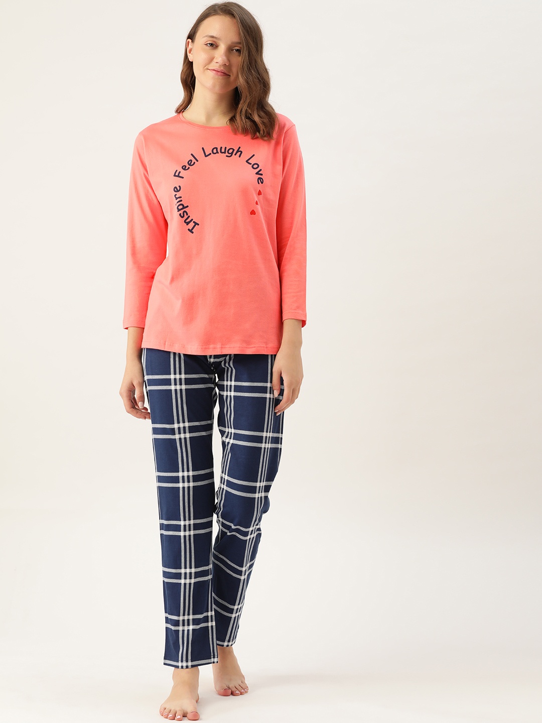 

MBeautiful Women Peach-Coloured & Navy Blue Printed Pure Cotton Pyjama Set