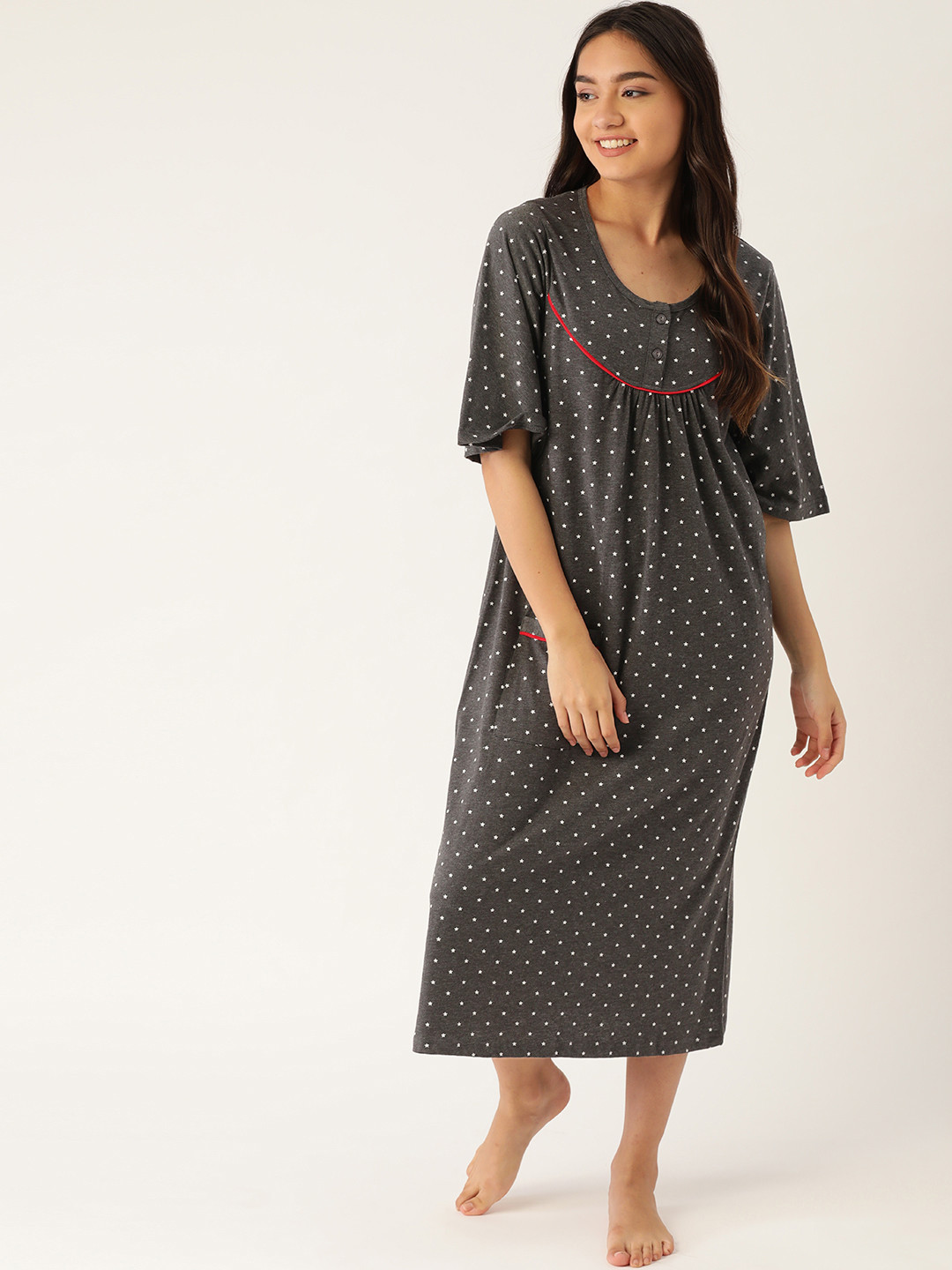 

MBeautiful Charcoal Grey Printed Pure Cotton Nightdress
