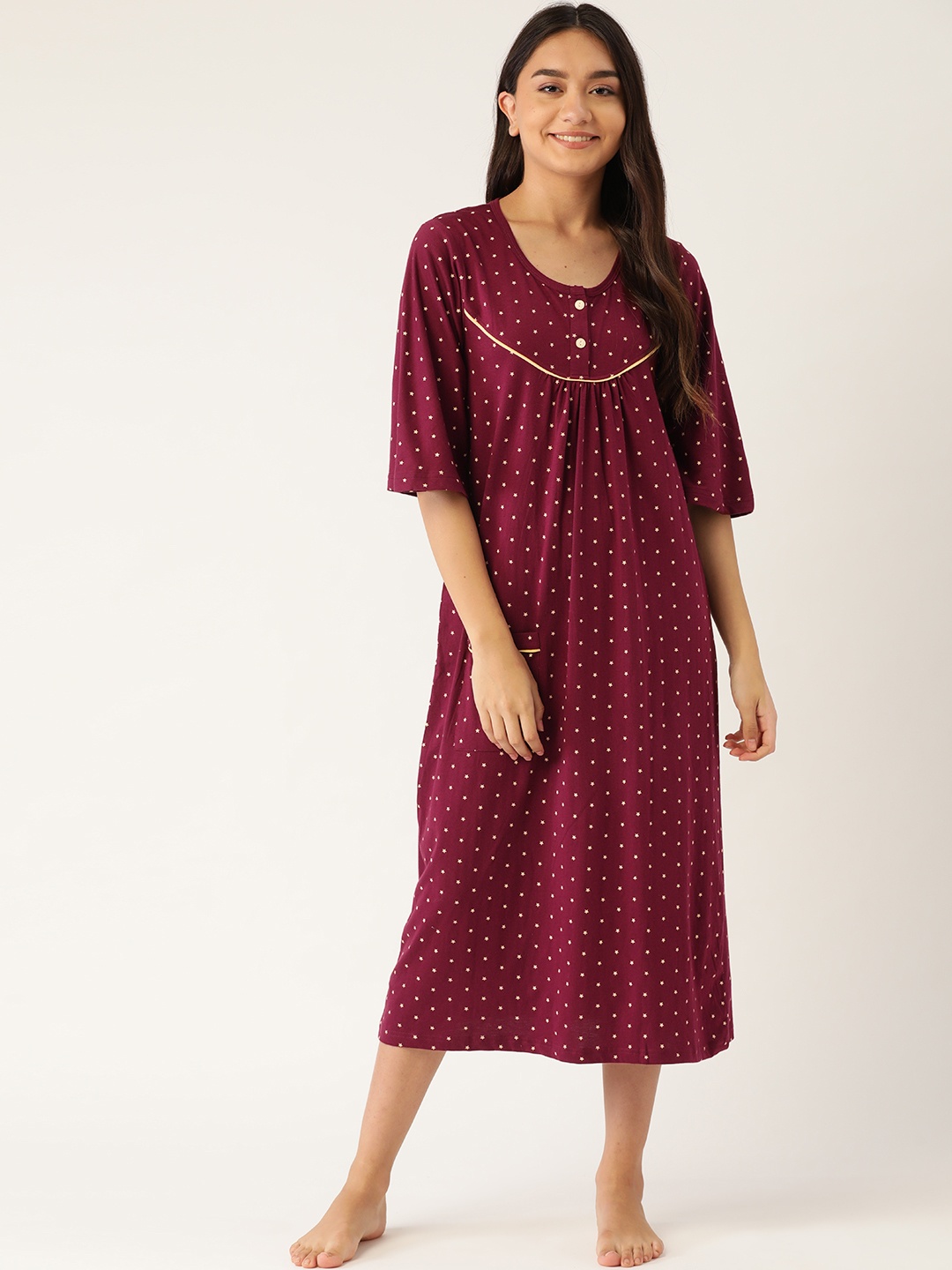 

MBeautiful Burgundy & Beige Printed Pure Cotton Nightdress