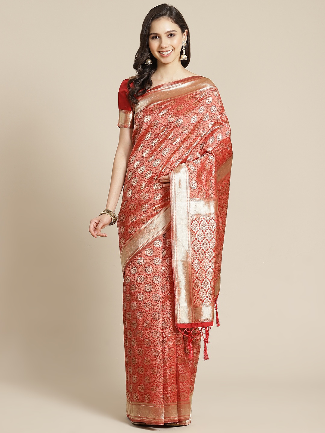 

RedRound Red & Golden Ethnic Woven Design Zari Banarasi Saree