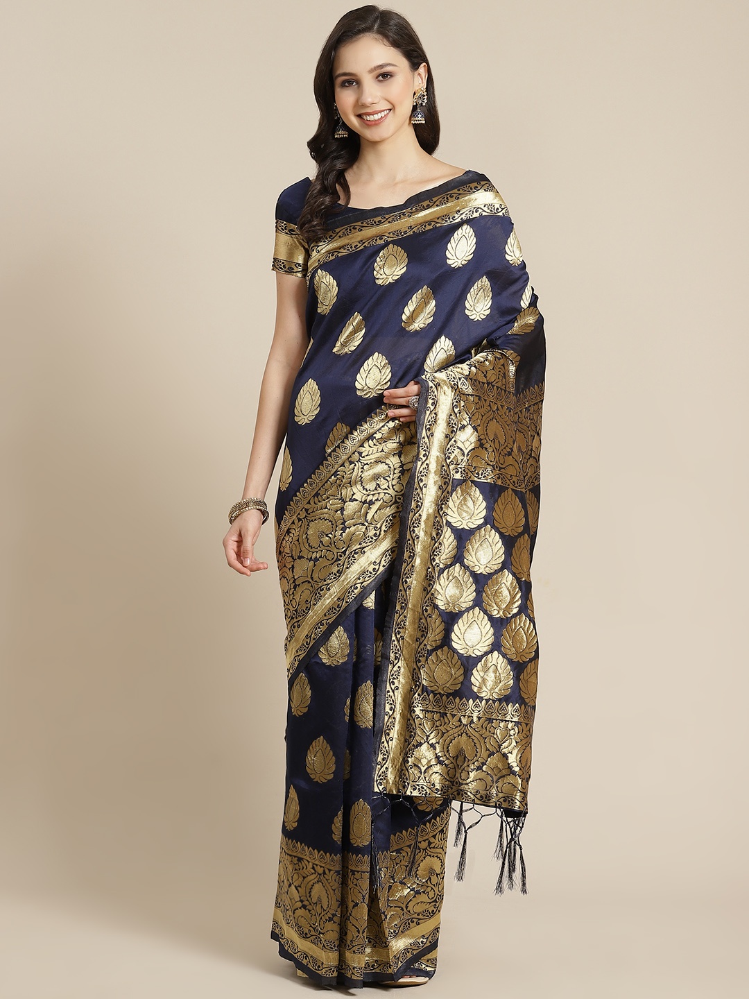 

RedRound Navy Blue & Golden Ethnic Woven Design Zari Banarasi Saree