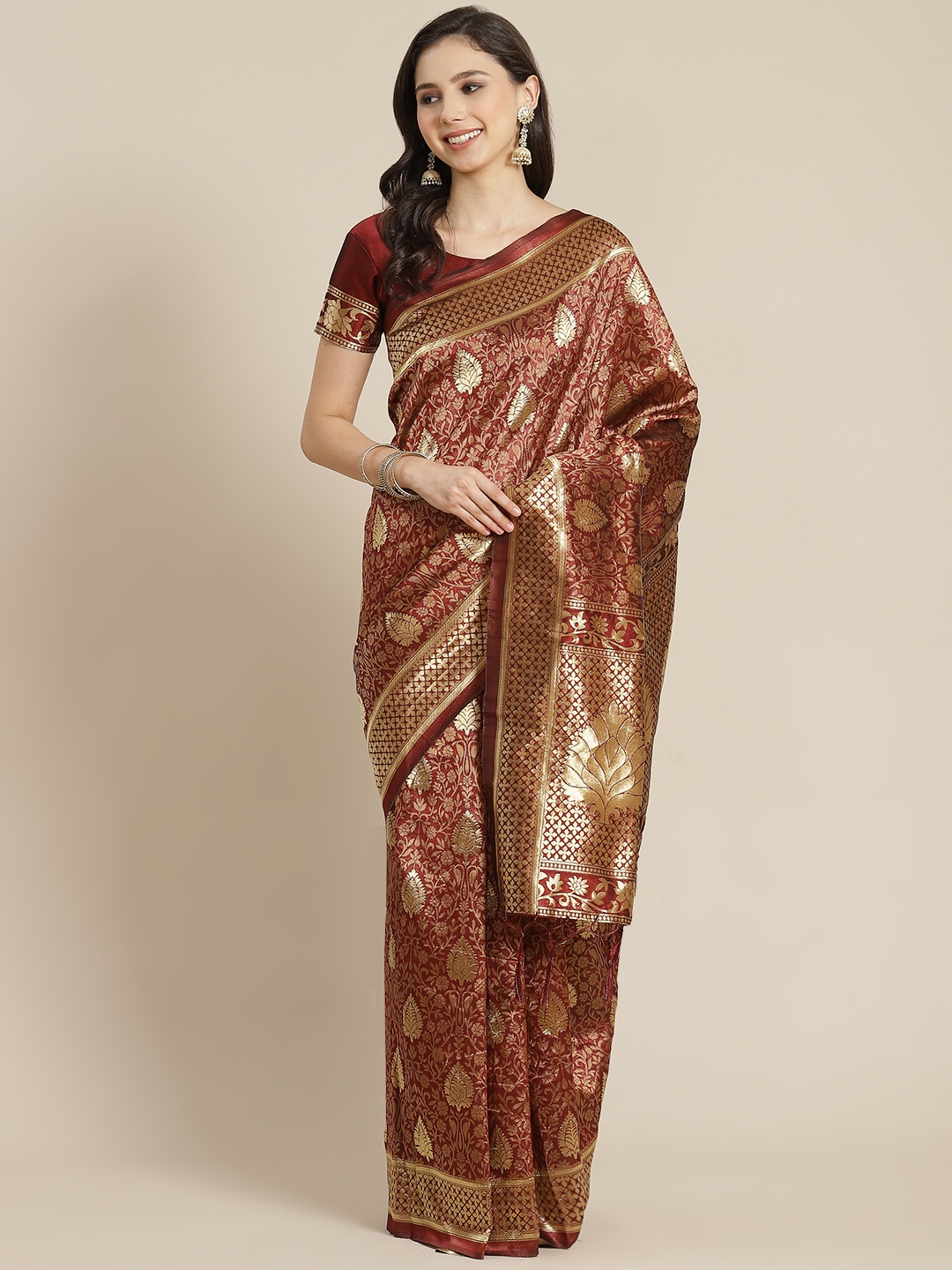 

RedRound Maroon & Golden Ethnic Woven Design Zari Banarasi Saree
