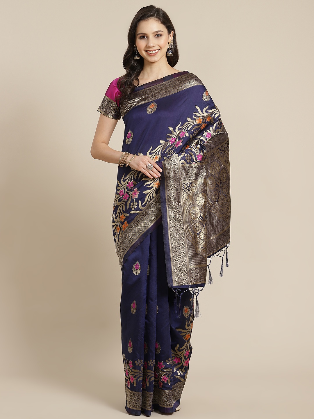 

RedRound Navy Blue & Golden Ethnic Woven Design Zari Banarasi Saree