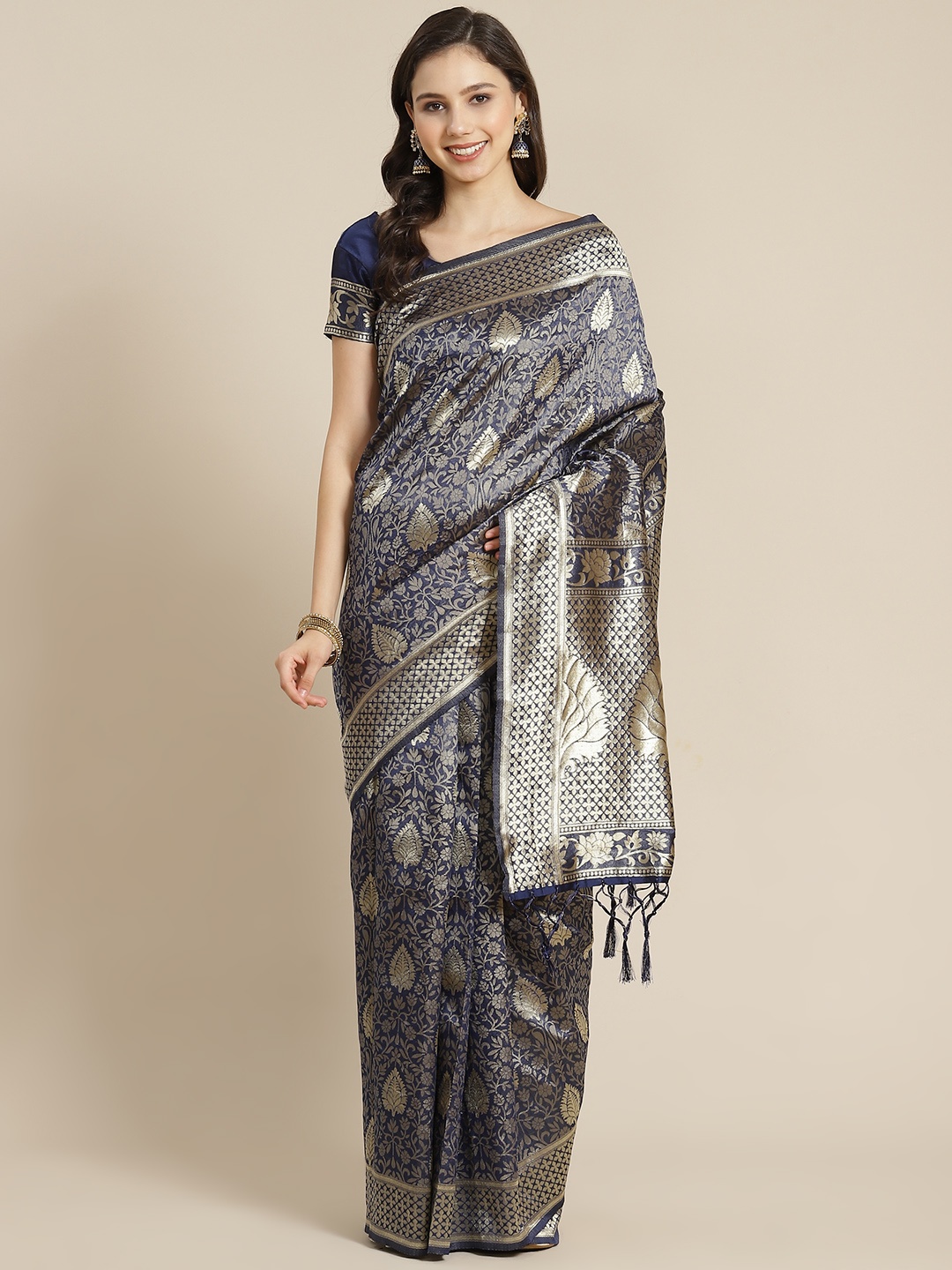 

RedRound Navy Blue & Silver Ethnic Woven Design Zari Banarasi Saree
