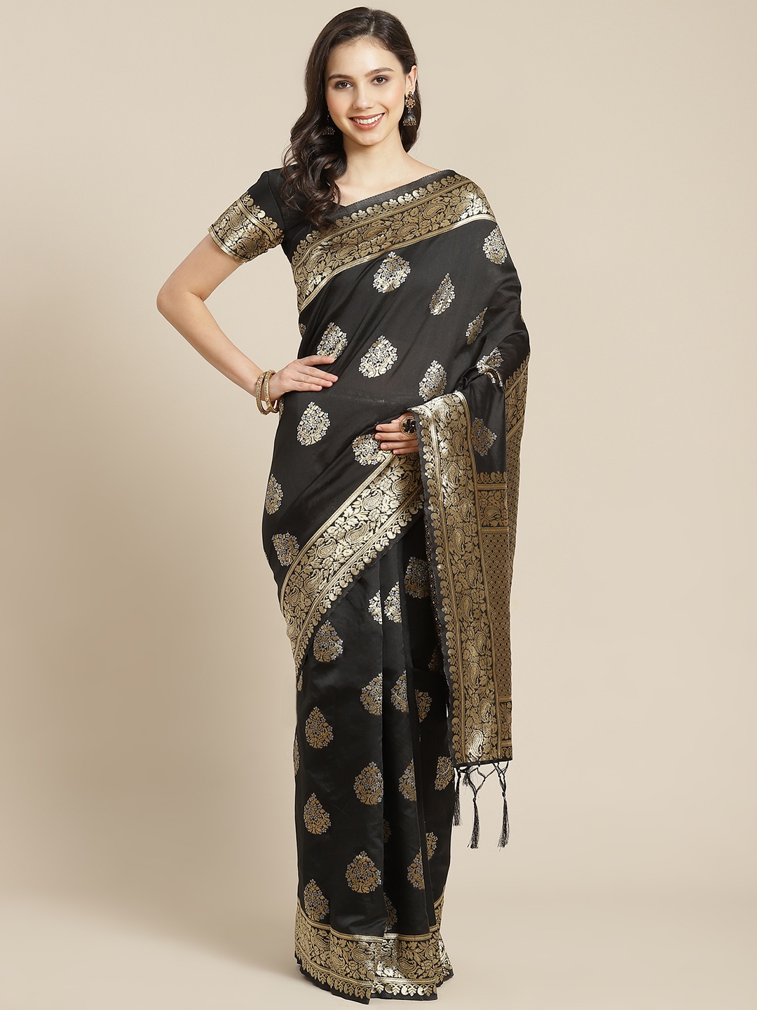 

RedRound Black & Golden Ethnic Woven Design Zari Banarasi Saree
