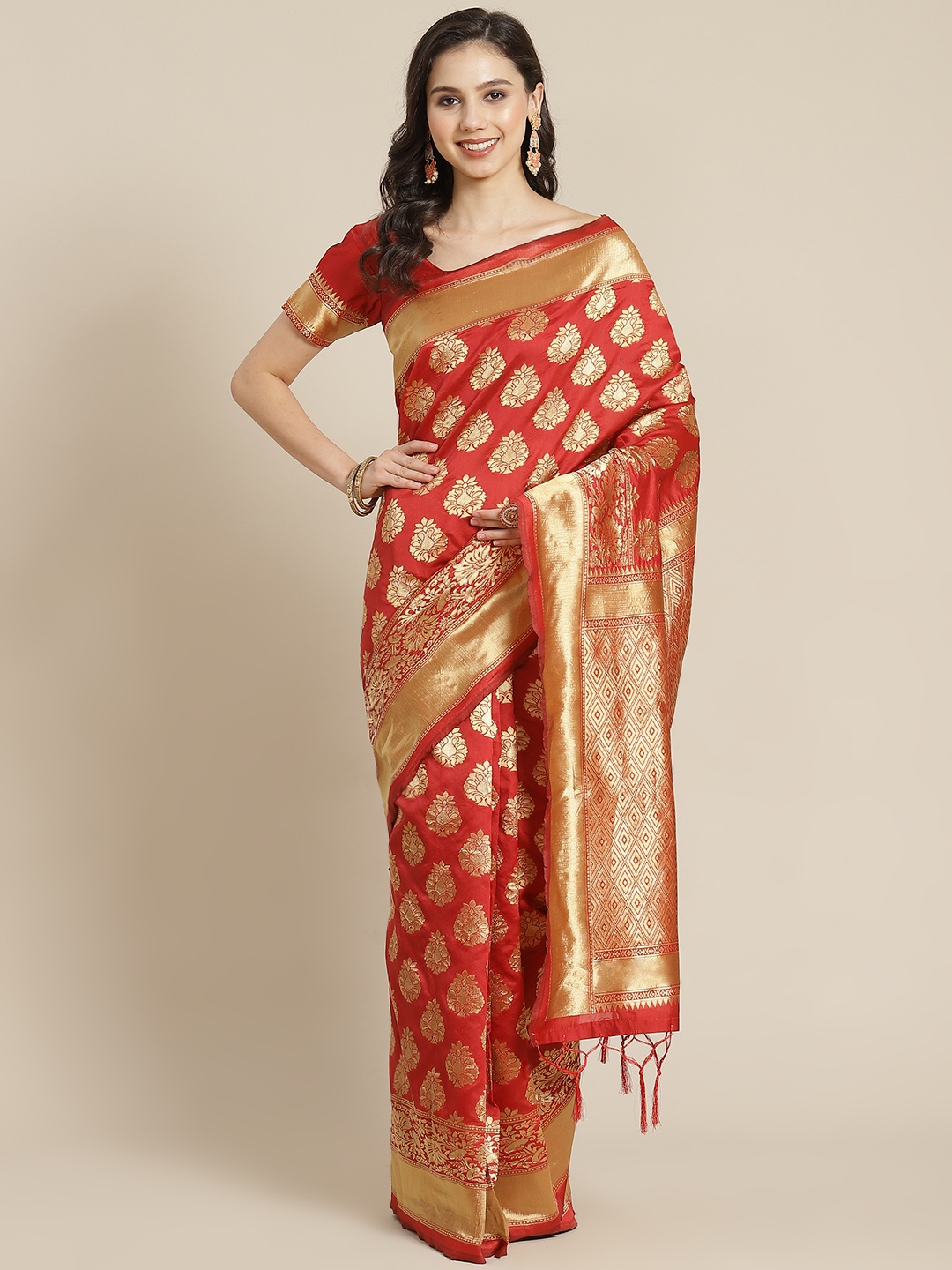 

RedRound Red & Golden Ethnic Woven Design Zari Banarasi Saree