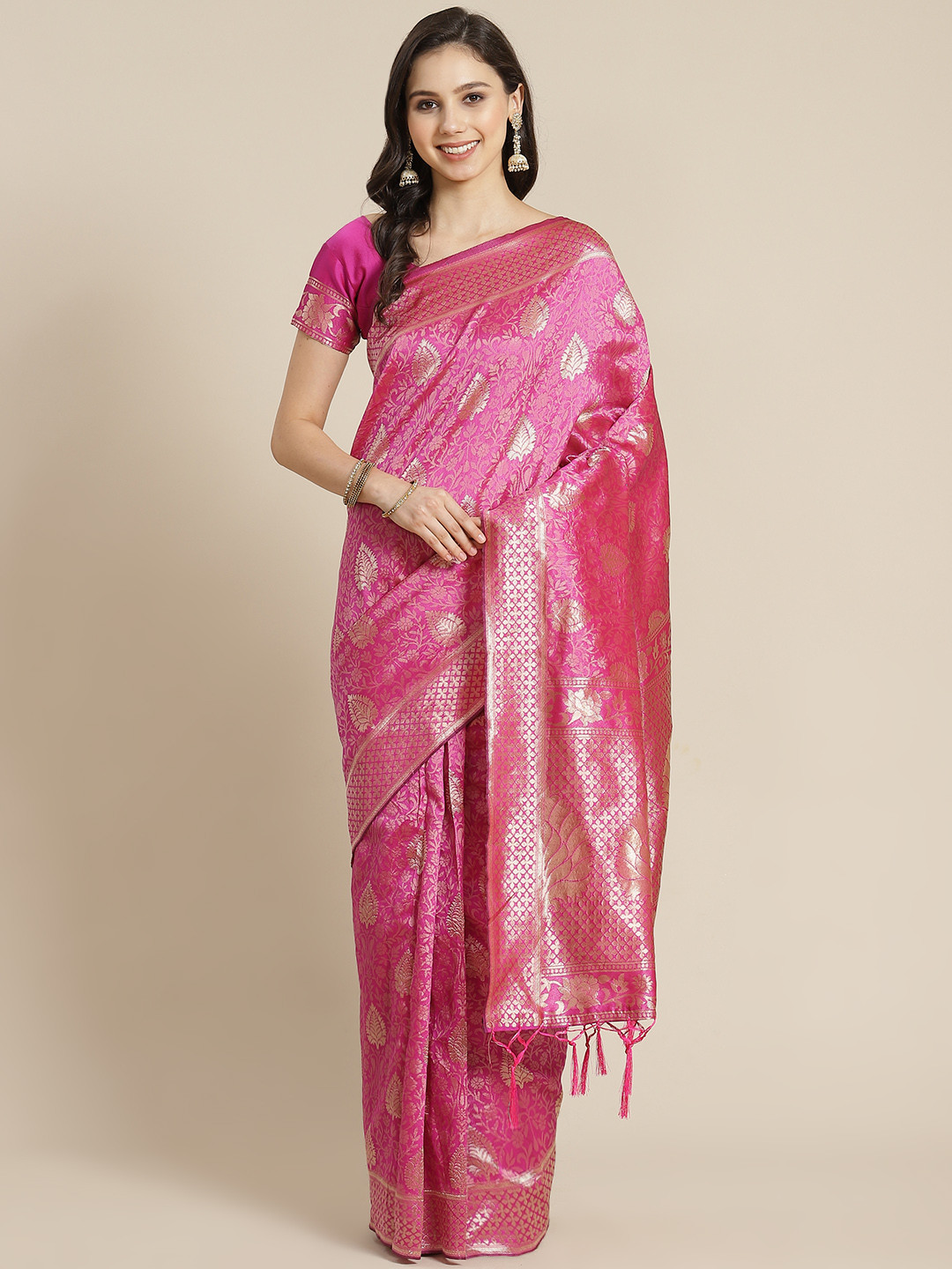 

RedRound Pink & Golden Ethnic Motifs Zari Silk Blend Banarasi Saree