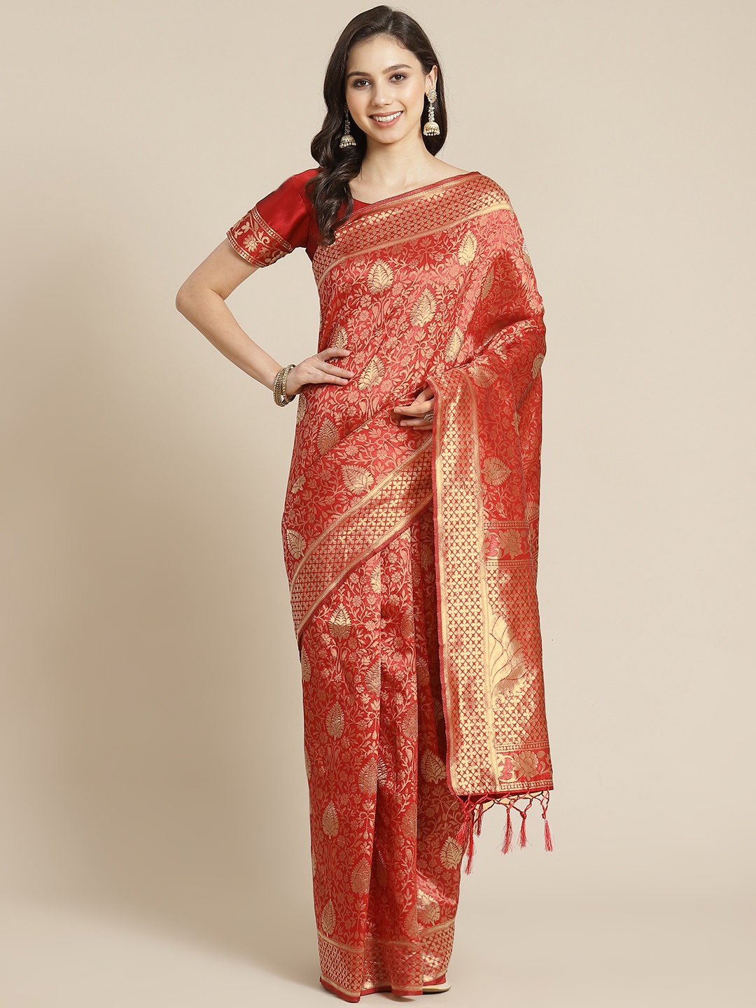 

RedRound Red & Golden Woven Design Banarasi Saree