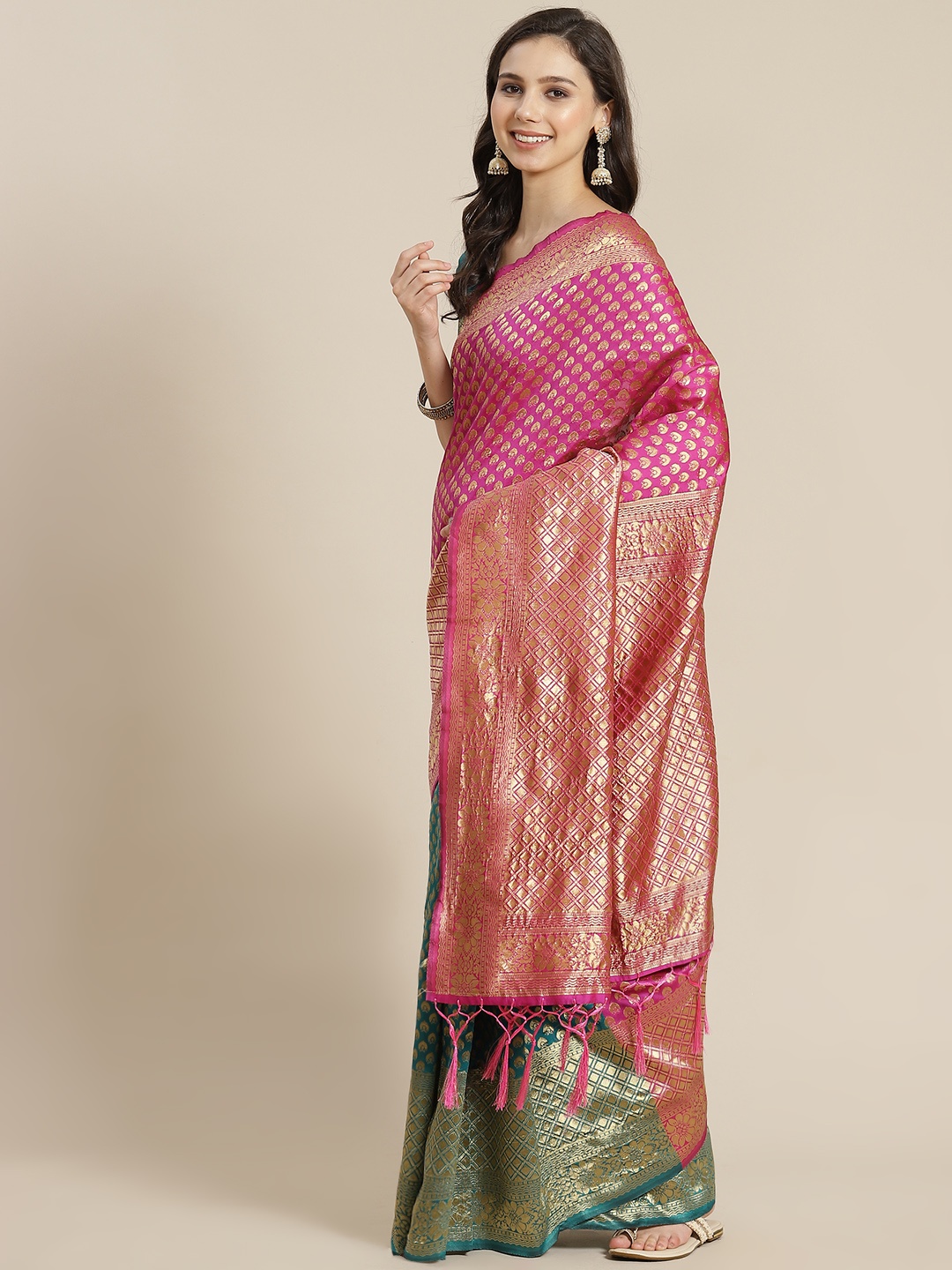 

RedRound Pink & Golden Woven Design Half & Half Banarasi Saree
