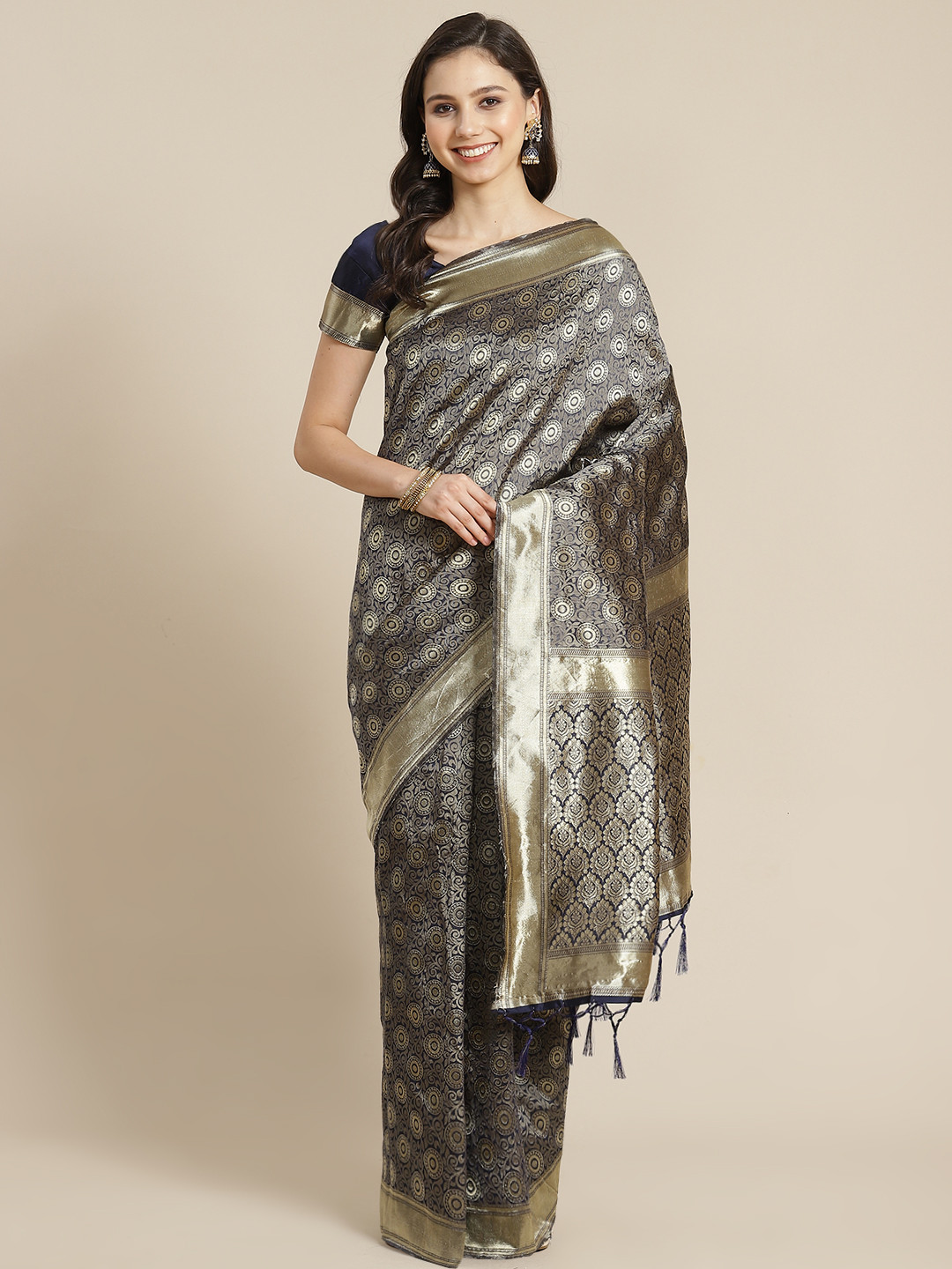 

RedRound Navy Blue & Golden Woven Design Banarasi Saree