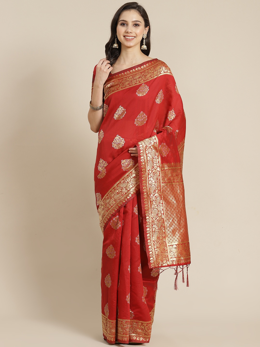 

RedRound Red & Golden Ethnic Motifs Zari Silk Blend Banarasi Saree