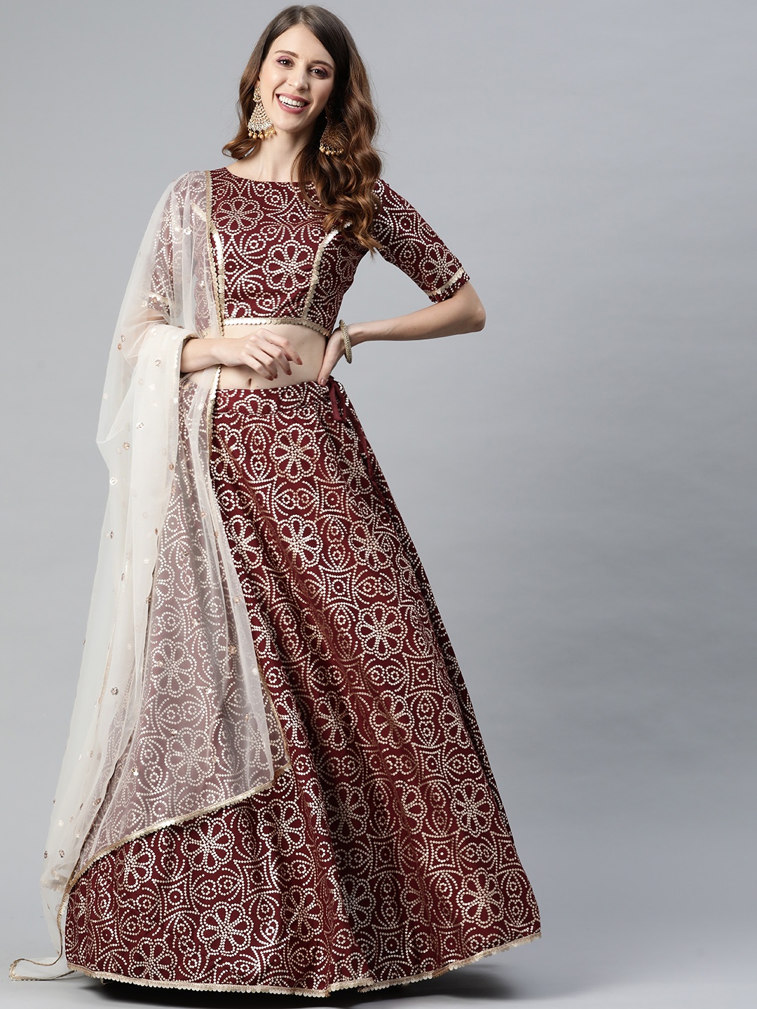 

SHUBHKALA Maroon & Golden Foil Print Semi-Stitched Lehenga & Blouse With Dupatta