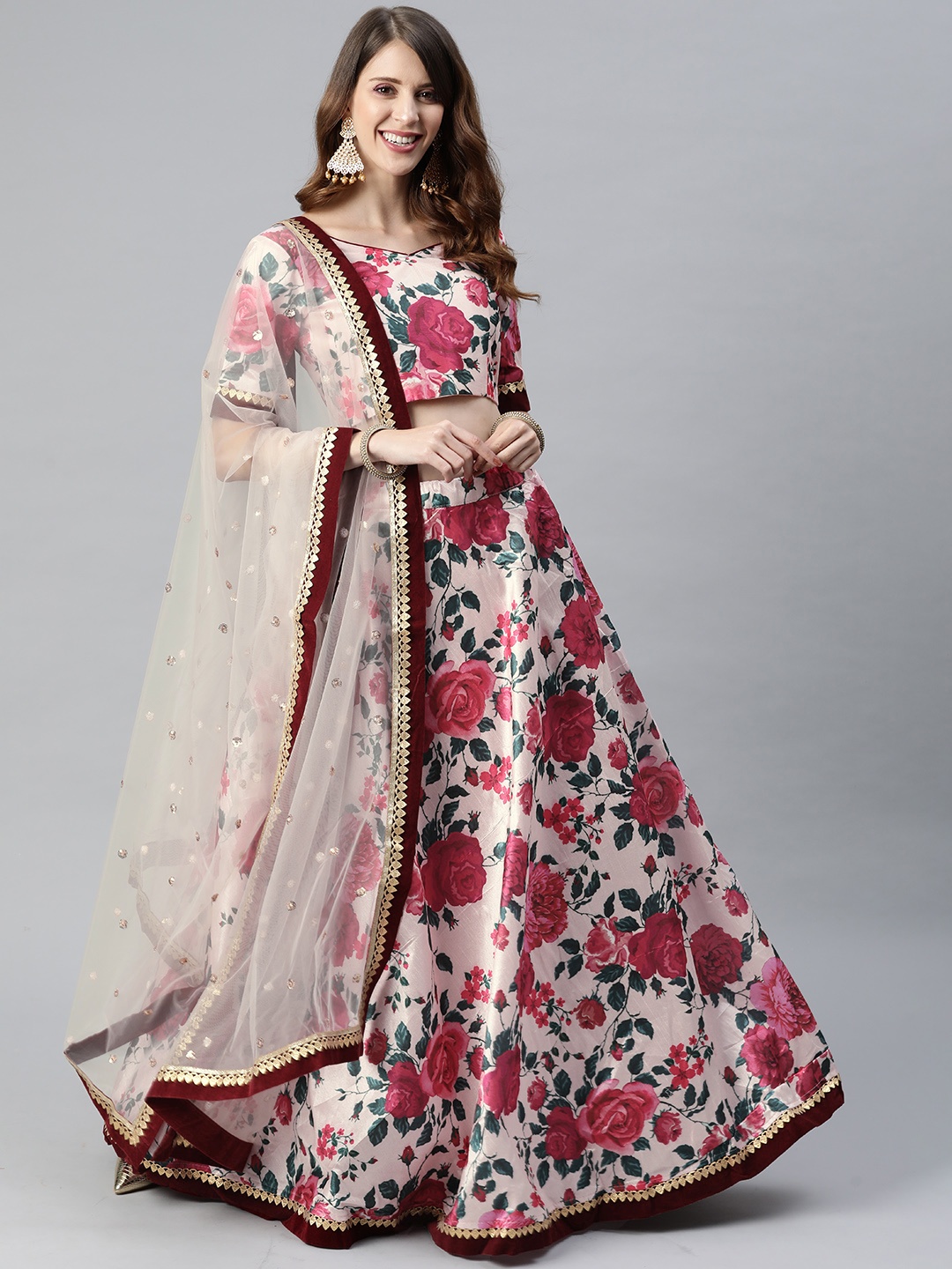 

SHUBHKALA Pink & Red Printed Semi-Stitched Lehenga & Unstitched Blouse With Dupatta