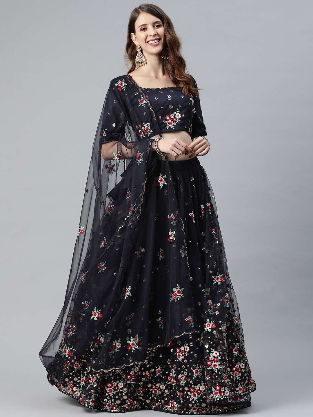 

SHUBHKALA Navy Blue & Red Embroidered Sequinned Semi-Stitched Lehenga & Unstitched Blouse With Dupatta