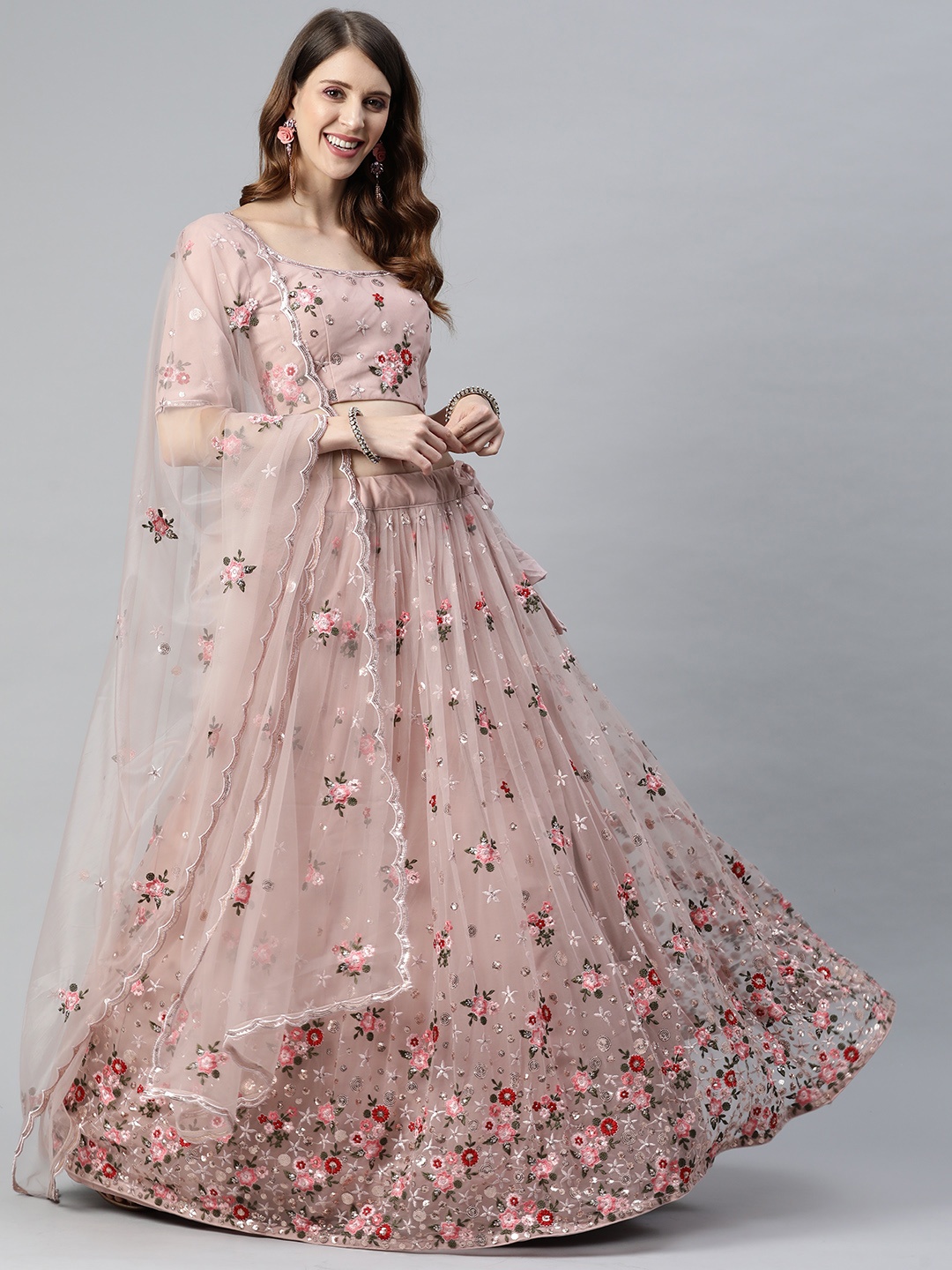 

SHUBHKALA Pink & Red Embroidered Sequinned Semi-Stitched Lehenga & Unstitched Blouse With Dupatta