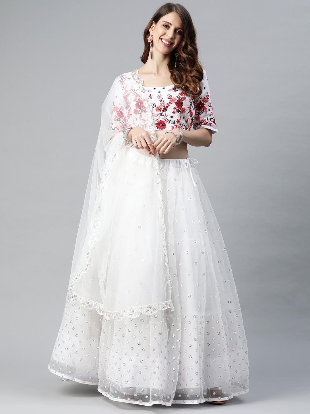 

SHUBHKALA White & Pink Embroidered Semi-Stitched Lehenga & Unstitched Blouse With Dupatta