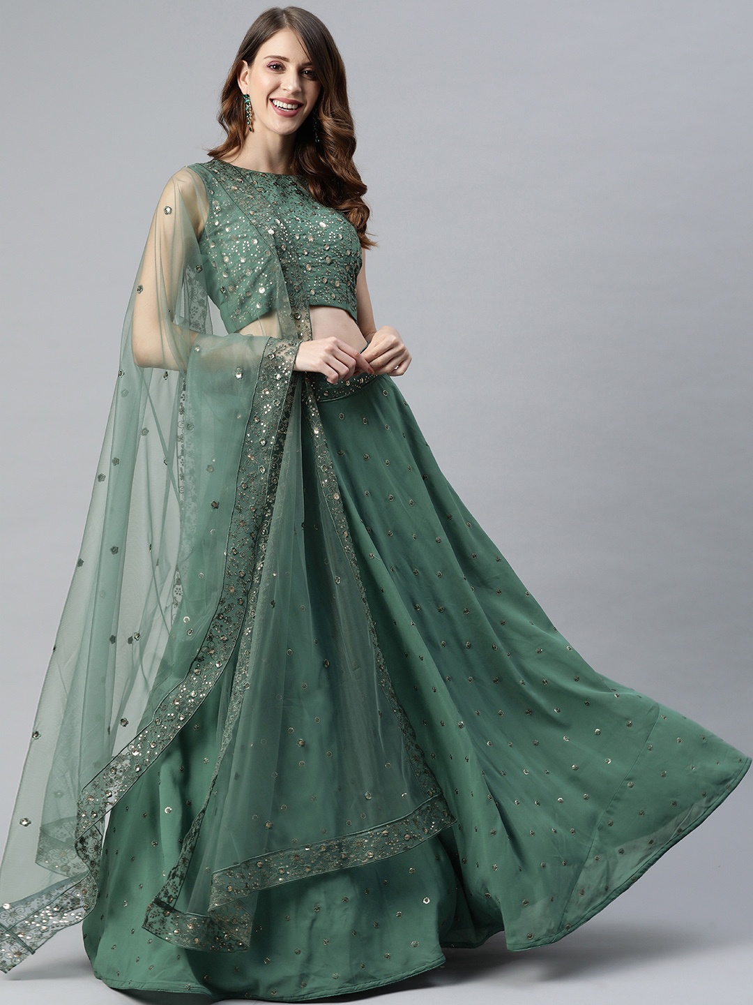 

SHUBHKALA Green Embroidered Semi-Stitched Lehenga & Unstitched Blouse with Dupatta