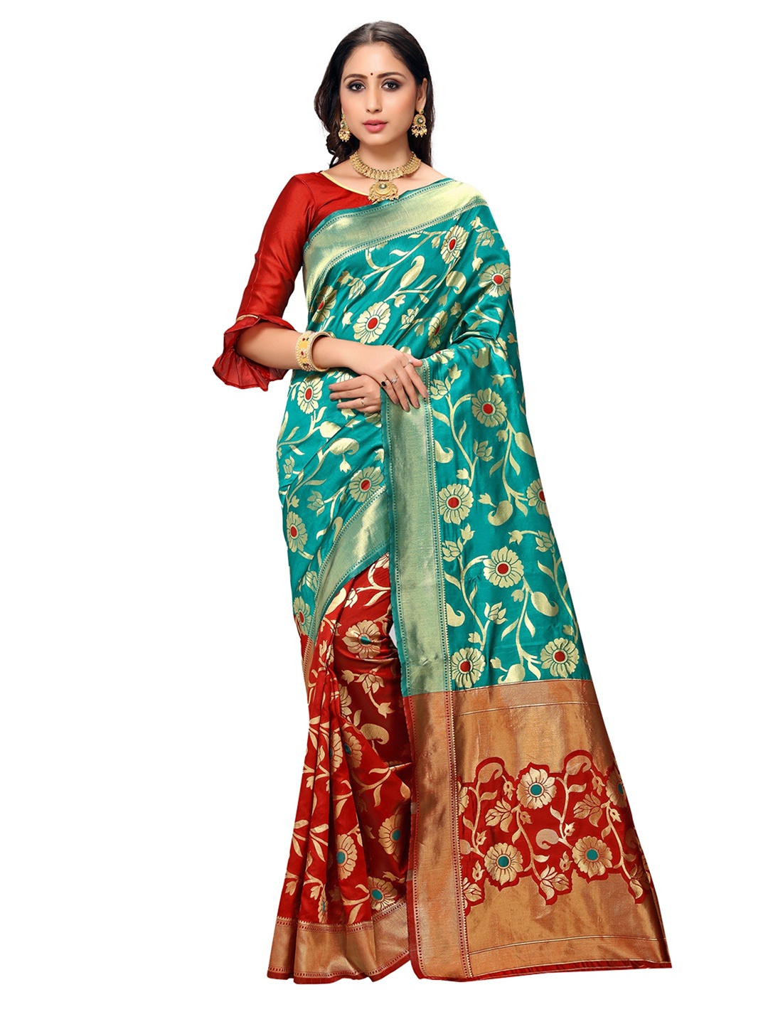 

KALINI Sea Green & Maroon Ethnic Motifs Zari Silk Blend Banarasi Saree
