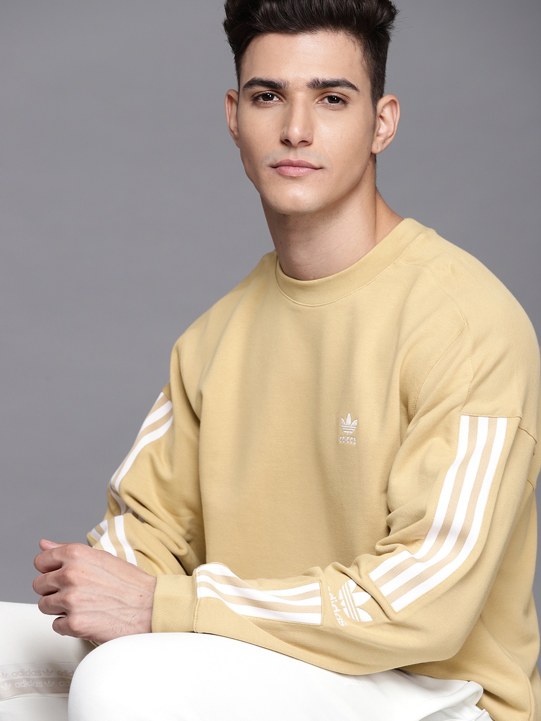 

ADIDAS Originals Men Beige Lock Up Crew Pure Cotton Solid Sustainable Sweatshirt