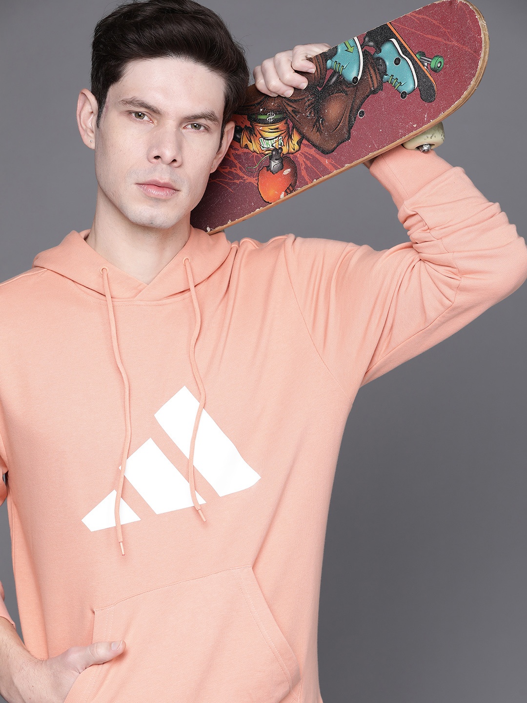 

ADIDAS Men Peach-Coloured Brand Logo Print Hooded Sweatshirt