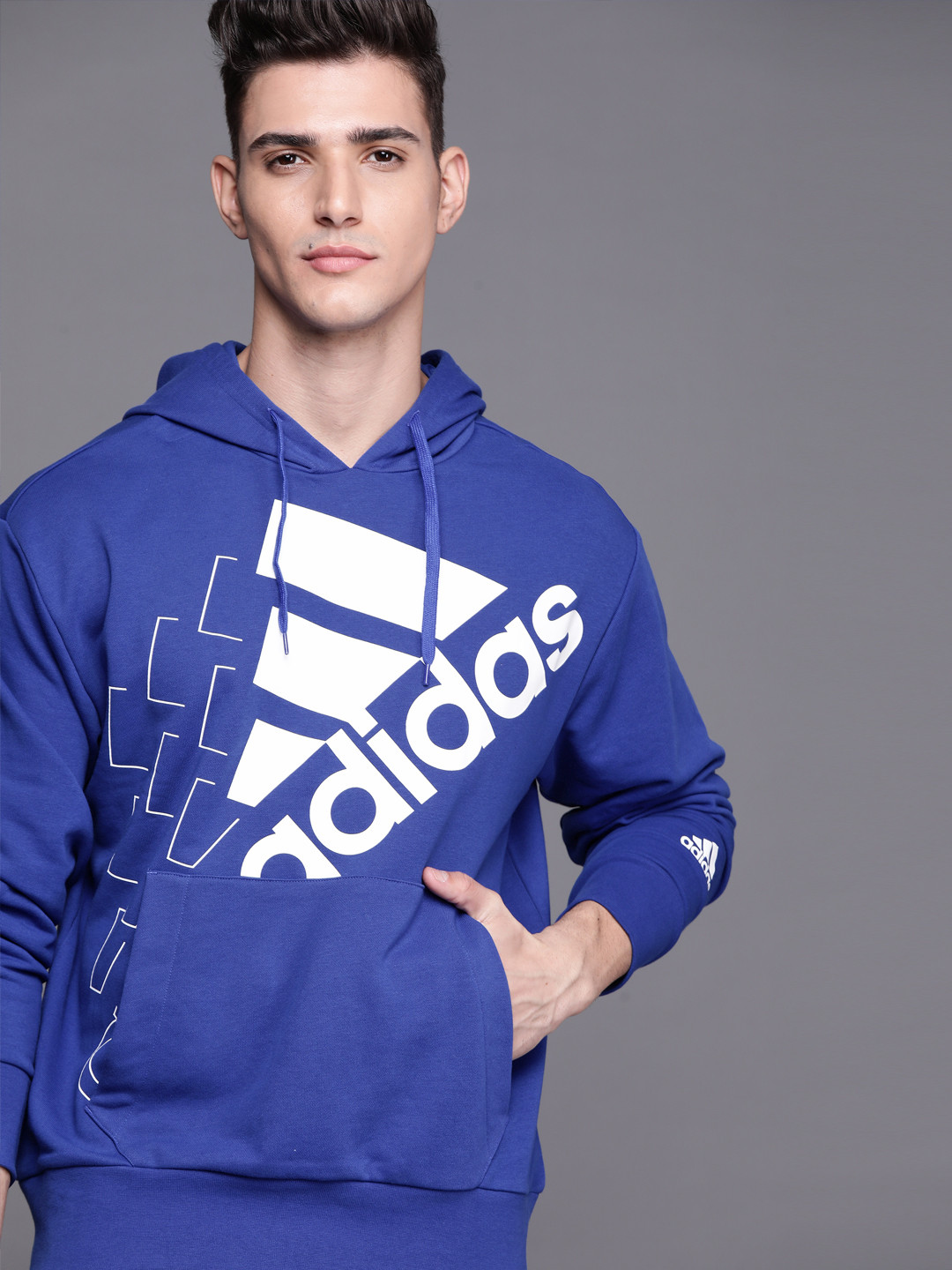 

ADIDAS Men Blue & White UniteFit Q3 BLUV Brand Logo Print Hooded Sweatshirt