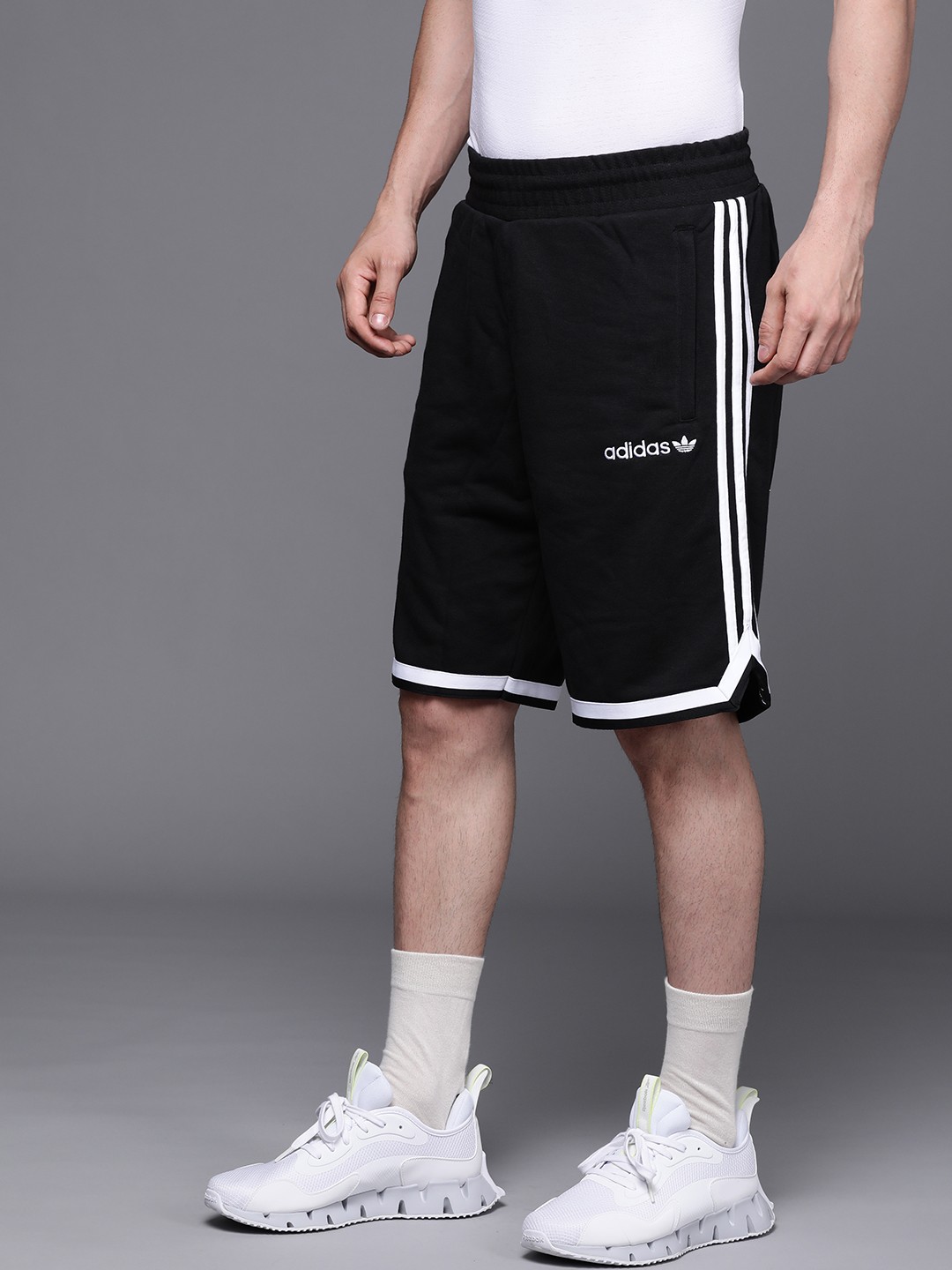 

ADIDAS Originals Men Black Solid Pregame 3 Striped Mid-Rise Sports Shorts