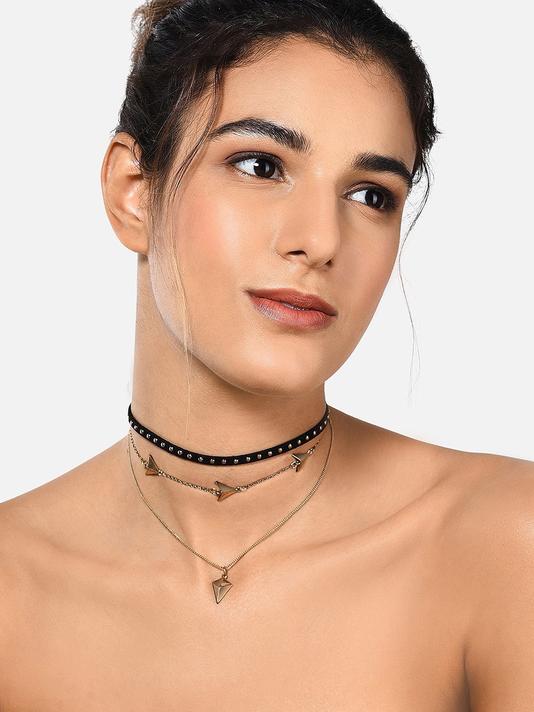 

AMI Set of 3 Gold-Toned & Black Gold-Plated Choker Necklace