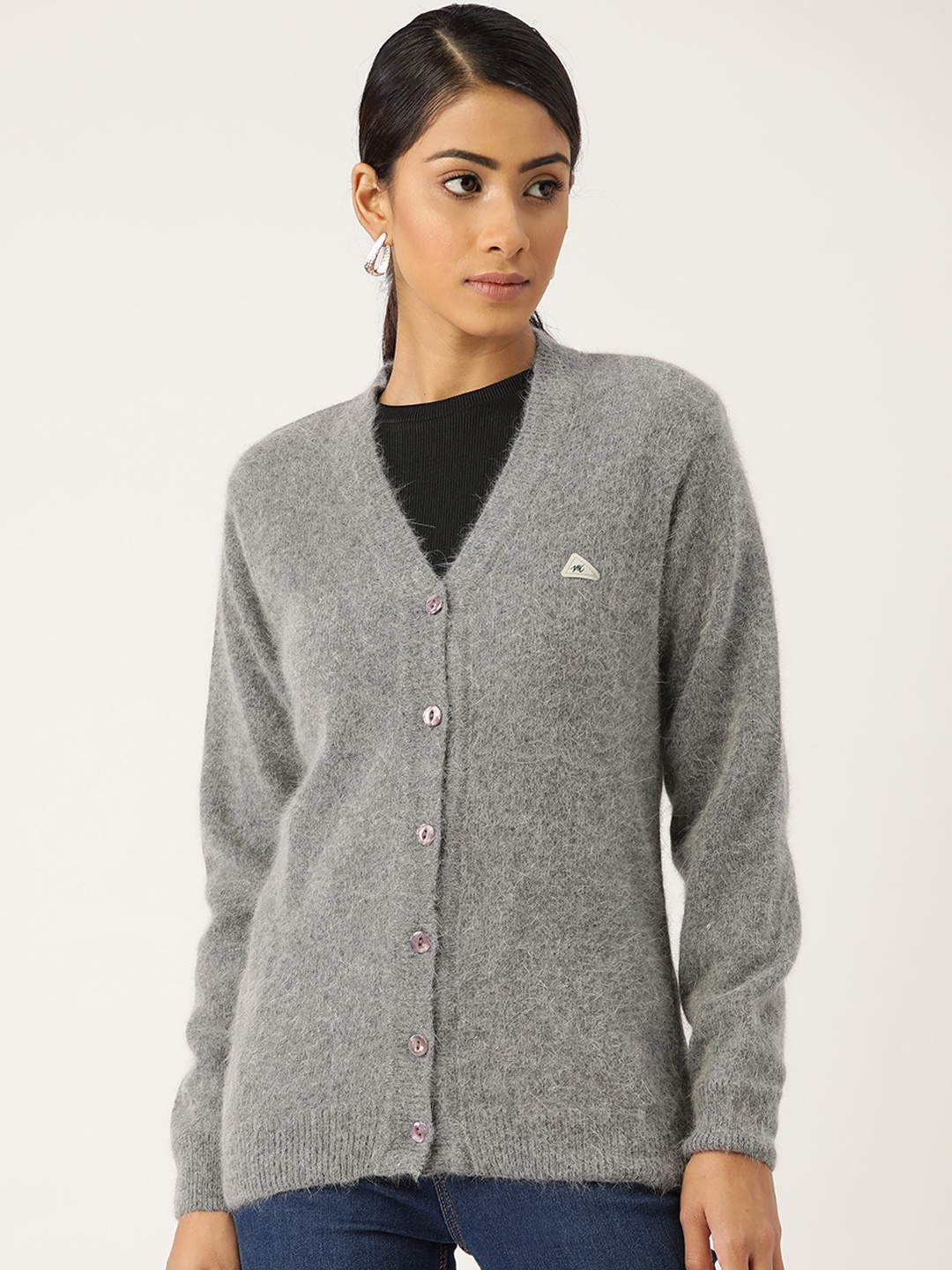 

Monte Carlo Women Grey Melange Solid Cardigan with Fuzzy Detail