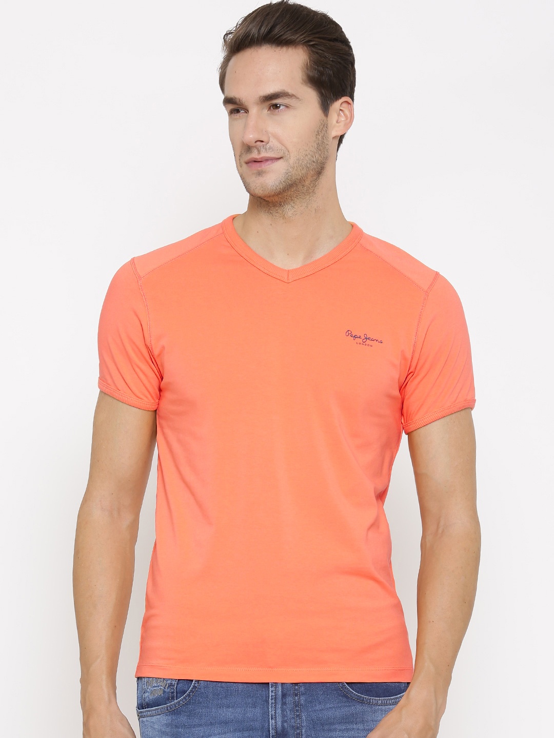 

Pepe Jeans Men Orange Solid V-Neck T-shirt