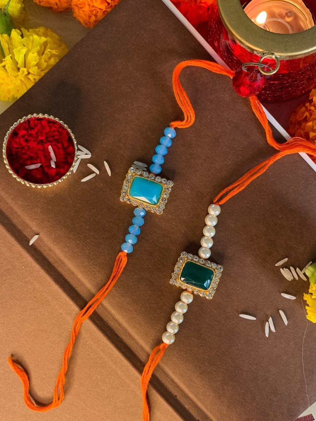 

I Jewels Set Of 2 Stone Studded & Beaded Rakhis, Green