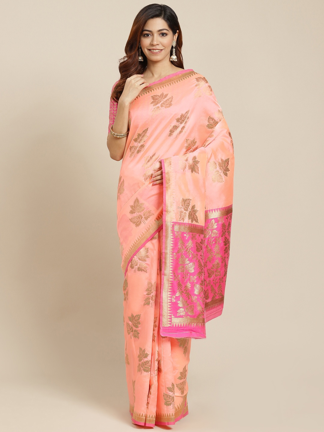 

Mitera Peach-Coloured & Golden Ethnic Motifs Zari Maheshwari Saree