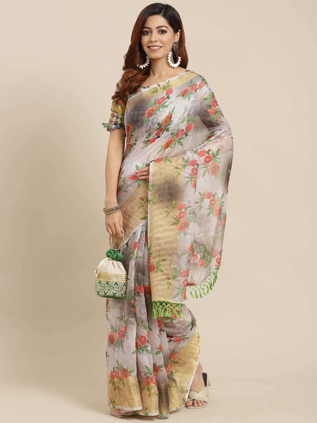

Mitera Grey & Red Floral Linen Blend Saree