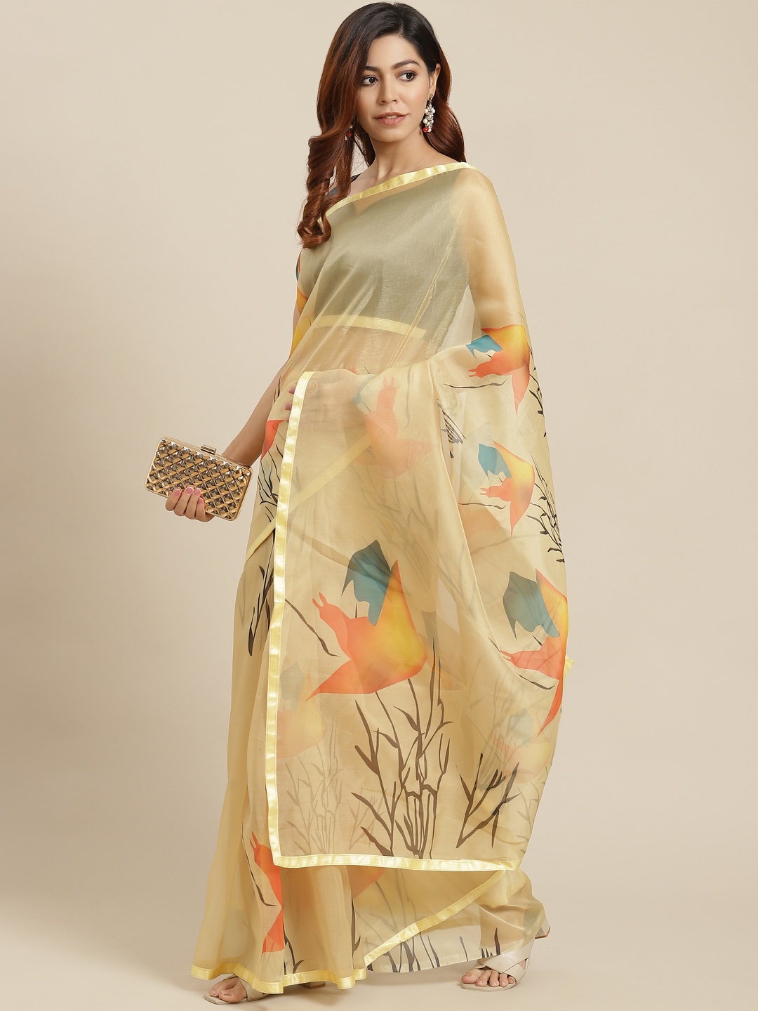 

Mitera Beige & Orange Floral Saree