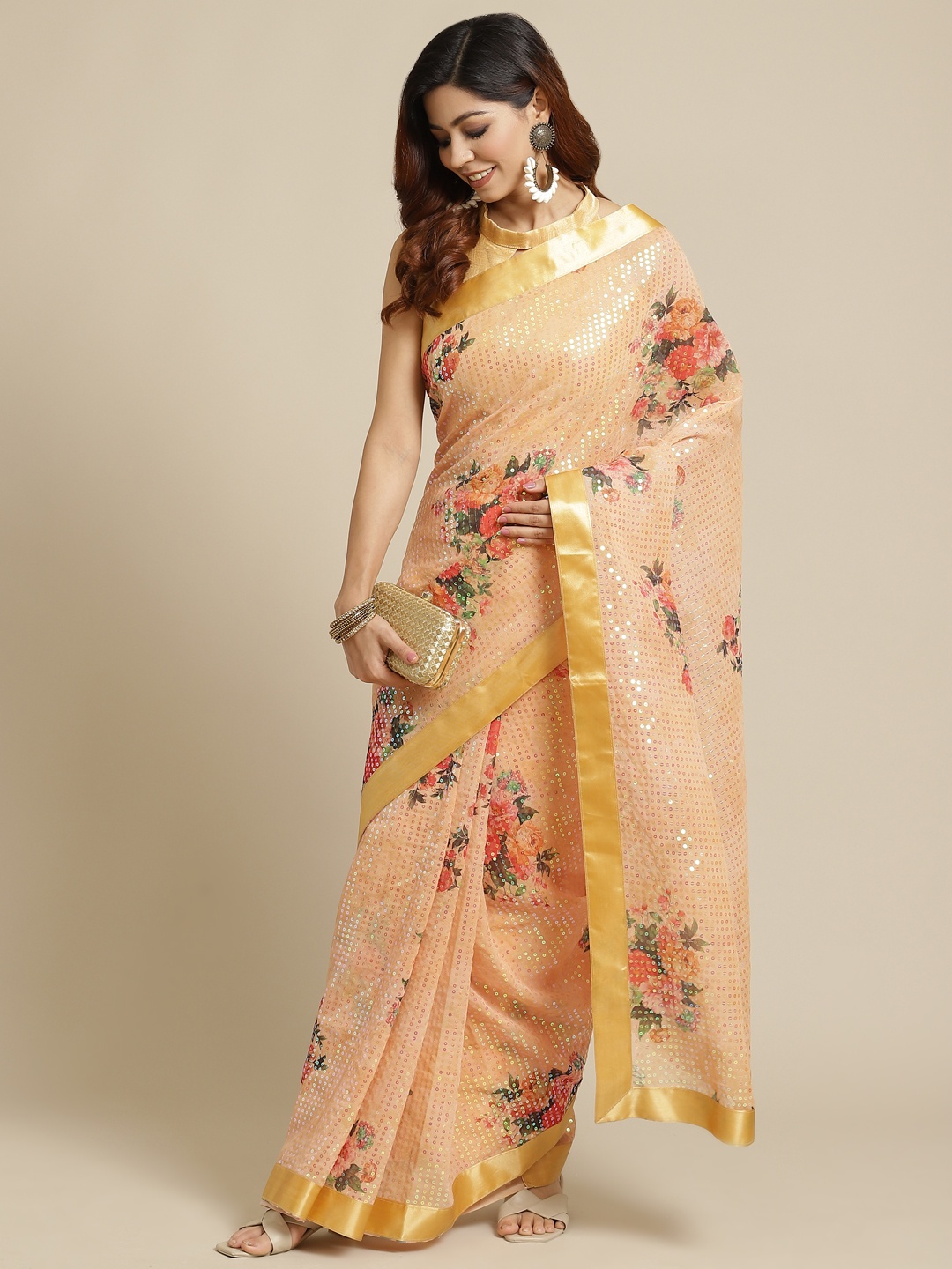 

Mitera Peach-Coloured Floral Sequinned Saree