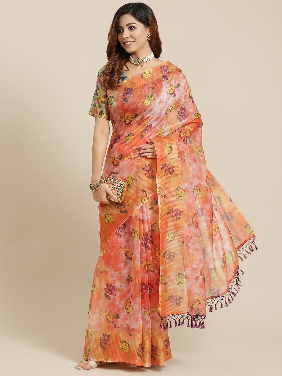 

Mitera Orange Linen Cotton Floral Print Saree